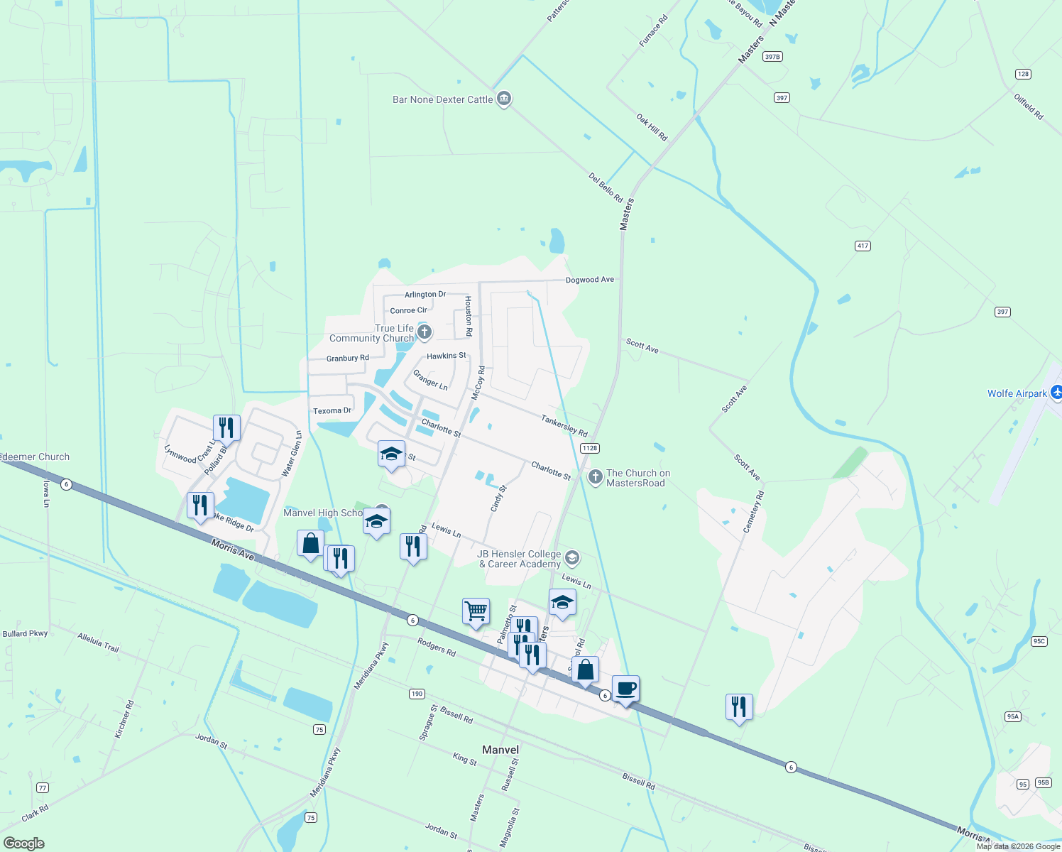 map of restaurants, bars, coffee shops, grocery stores, and more near 7018 Tankersley Road in Manvel