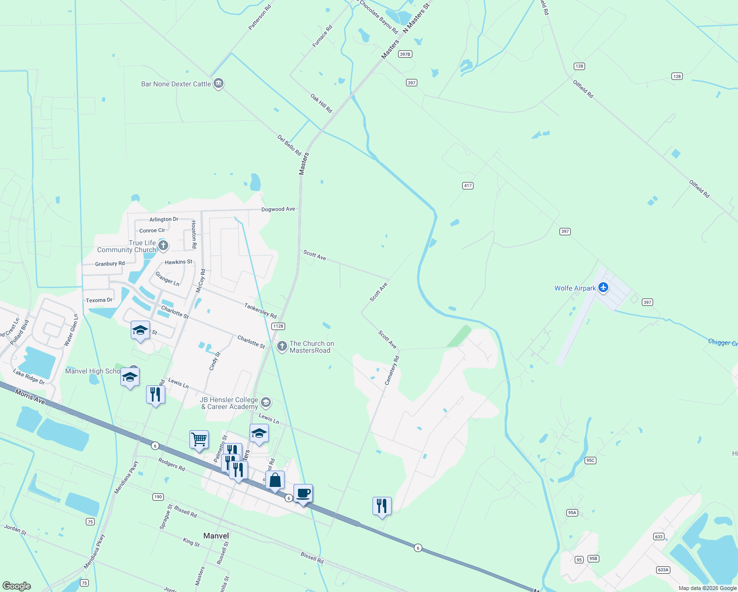 map of restaurants, bars, coffee shops, grocery stores, and more near 7802 Scott Avenue in Manvel