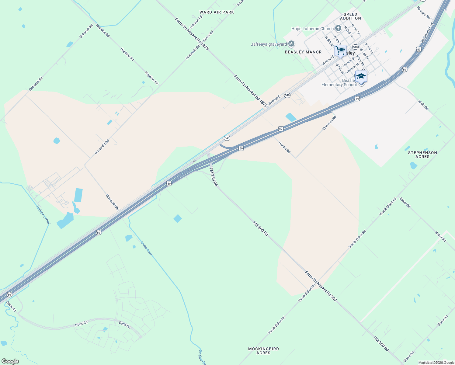 map of restaurants, bars, coffee shops, grocery stores, and more near 421 FM 360 Rd in Beasley
