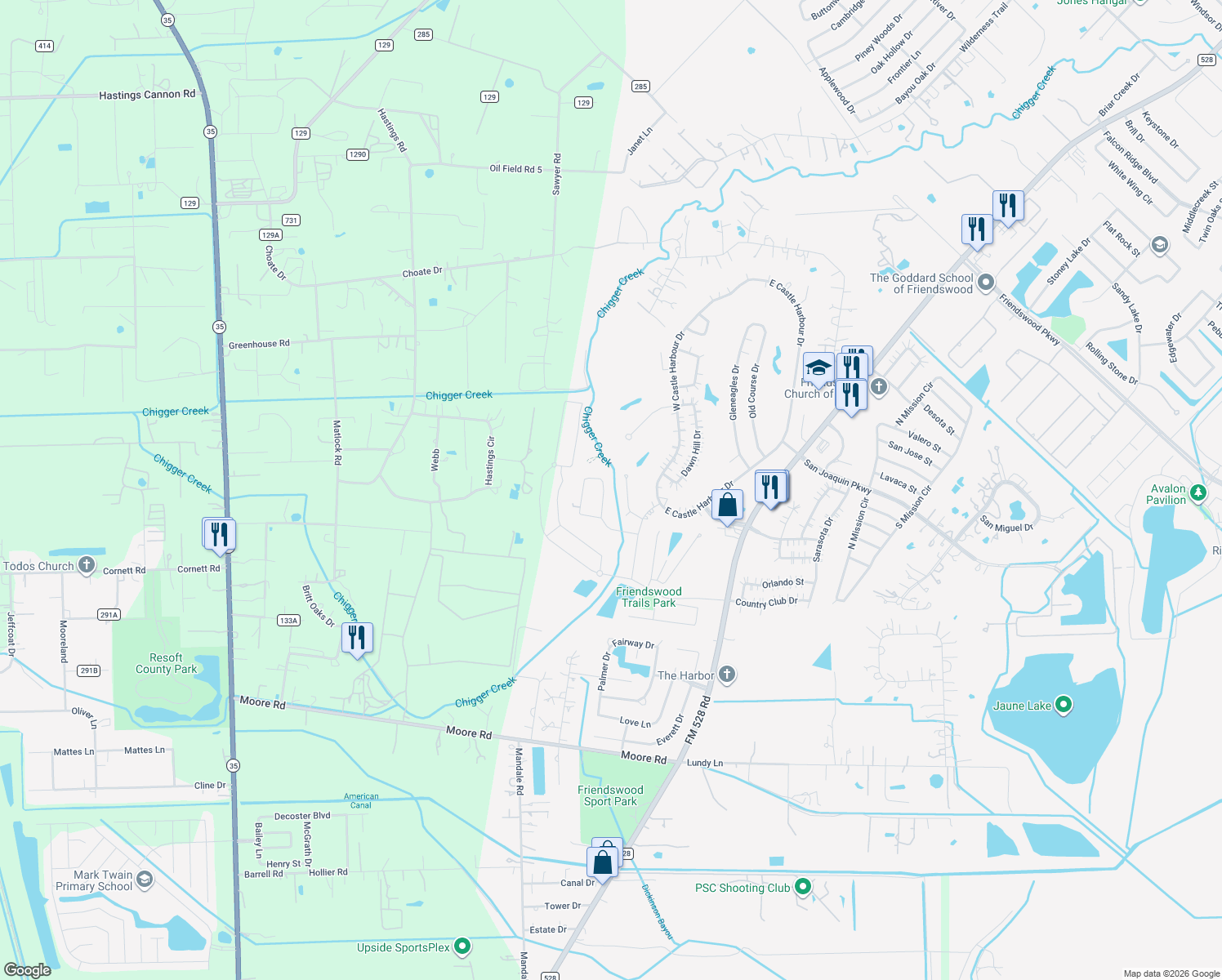 map of restaurants, bars, coffee shops, grocery stores, and more near 221 Saint Cloud Drive in Friendswood
