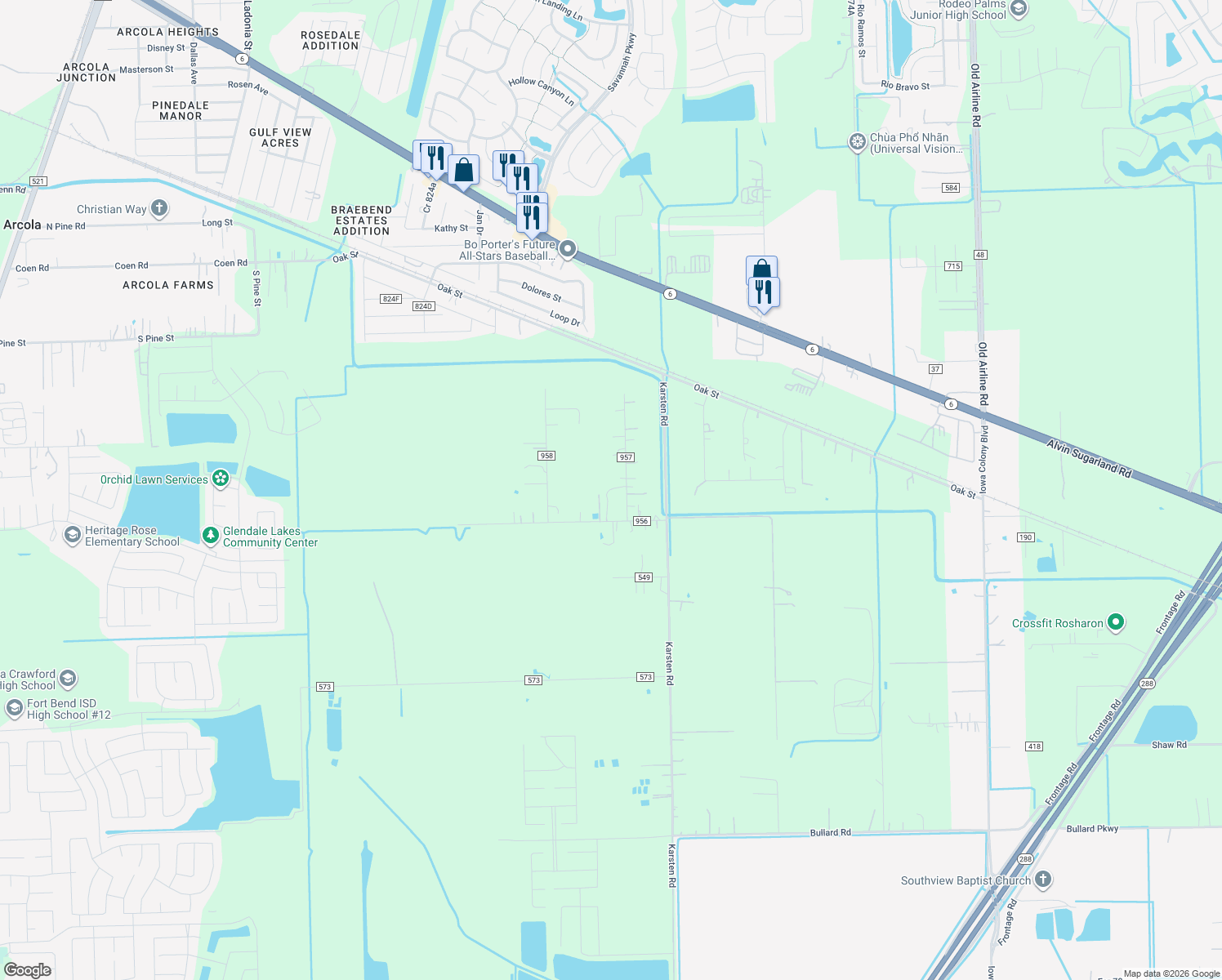 map of restaurants, bars, coffee shops, grocery stores, and more near 6830 Viva Lane in Rosharon