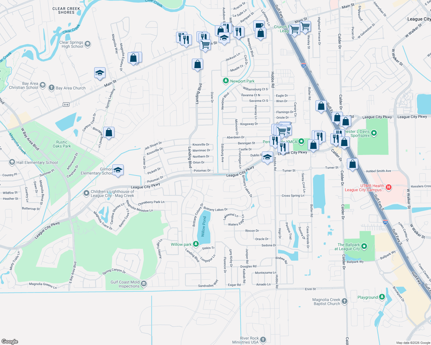map of restaurants, bars, coffee shops, grocery stores, and more near 2012 Monticello Ct in League City