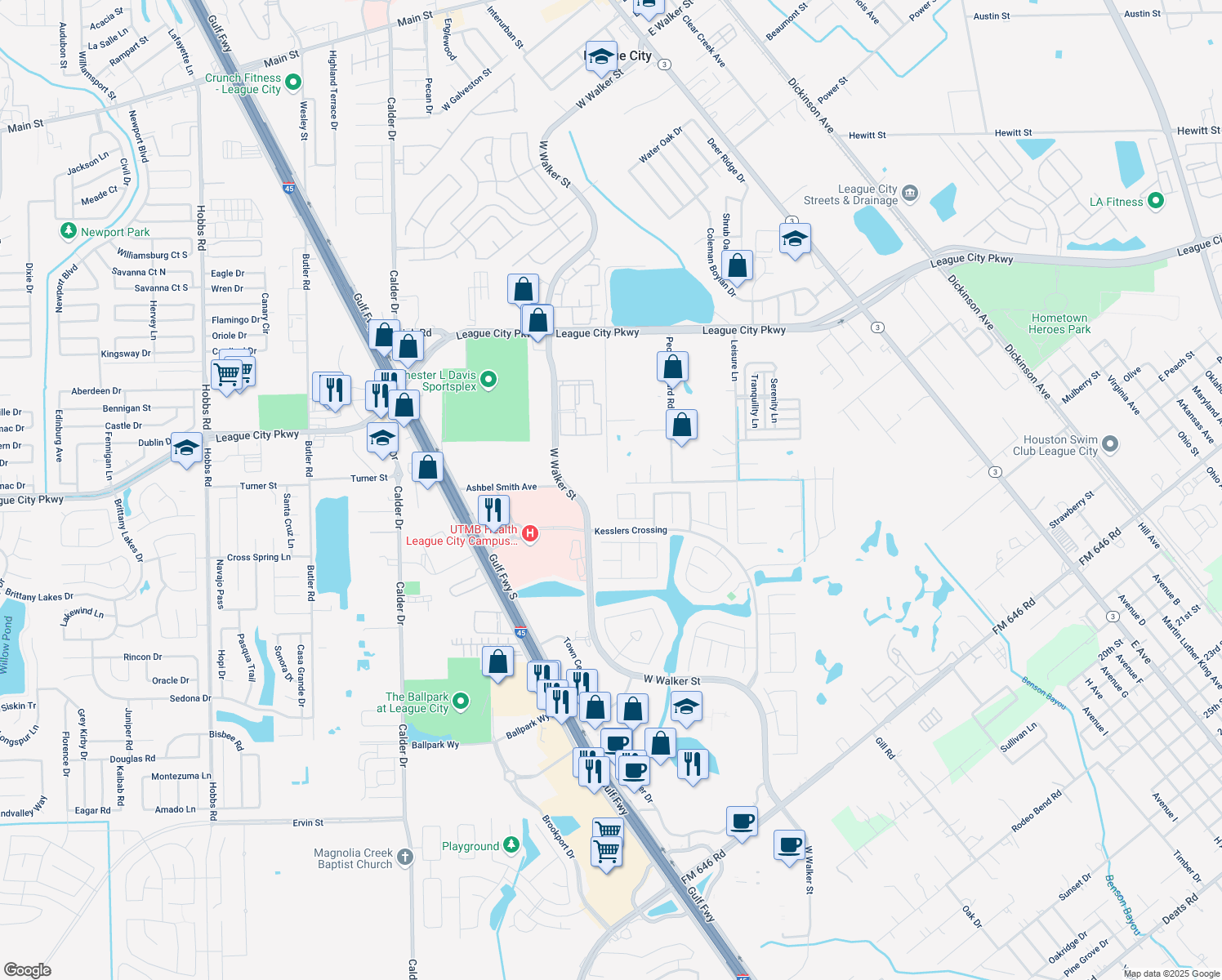 map of restaurants, bars, coffee shops, grocery stores, and more near 2501 Muricia Drive in League City