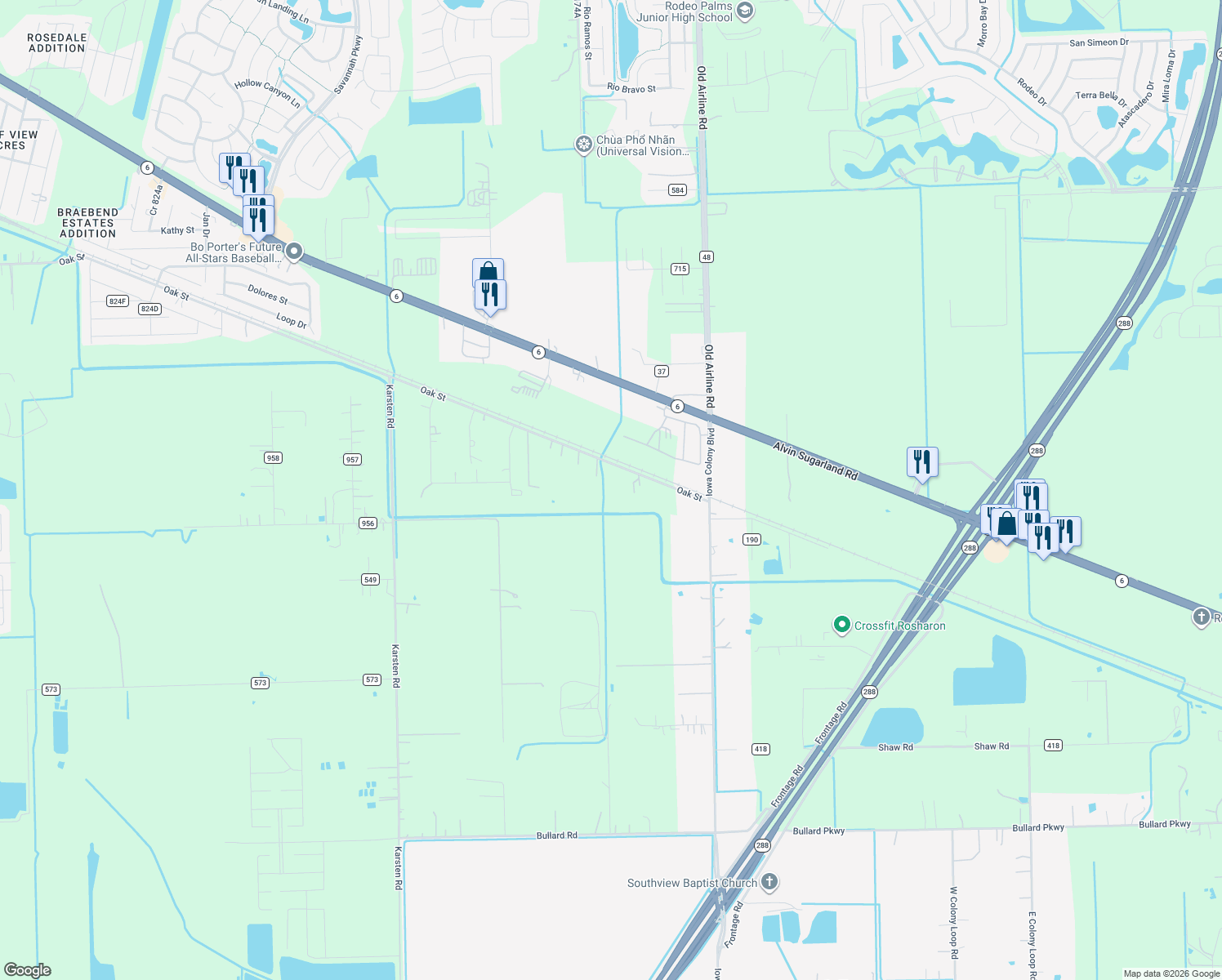 map of restaurants, bars, coffee shops, grocery stores, and more near 3823 County Road 190 in Rosharon
