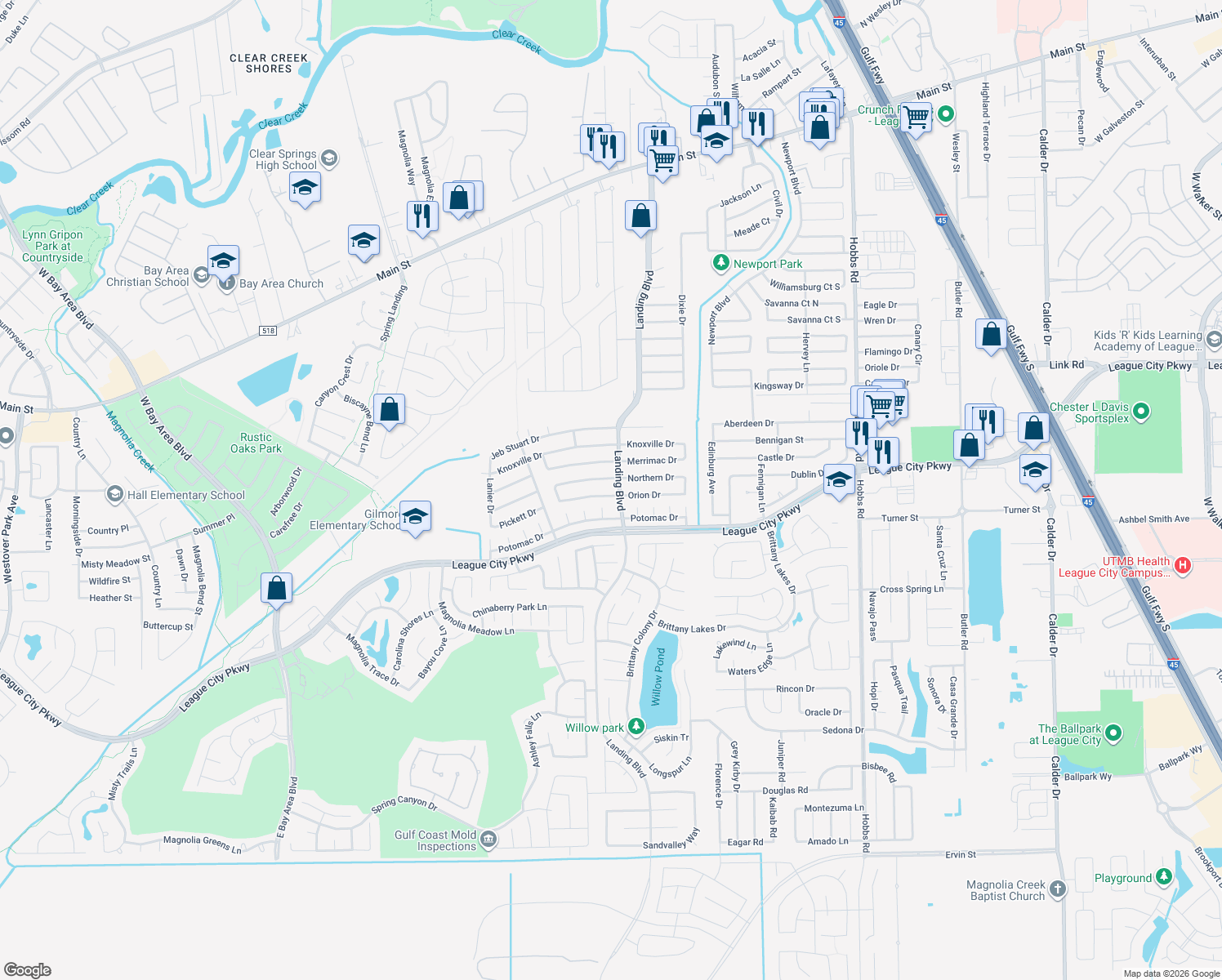 map of restaurants, bars, coffee shops, grocery stores, and more near 2604 Orion Drive in League City