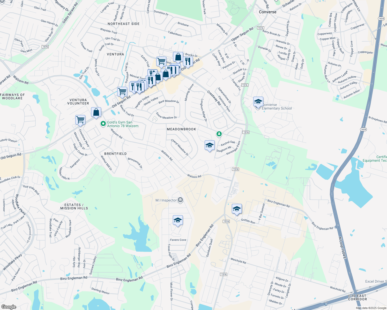 map of restaurants, bars, coffee shops, grocery stores, and more near 6314 Beech Trail Drive in Converse
