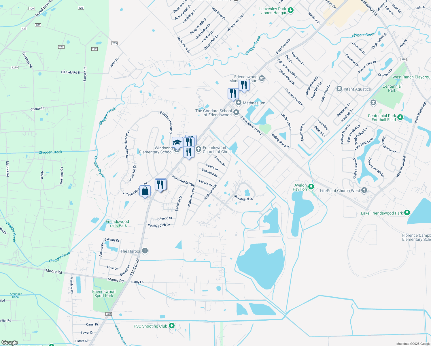 map of restaurants, bars, coffee shops, grocery stores, and more near 1903 San Jose St in Friendswood