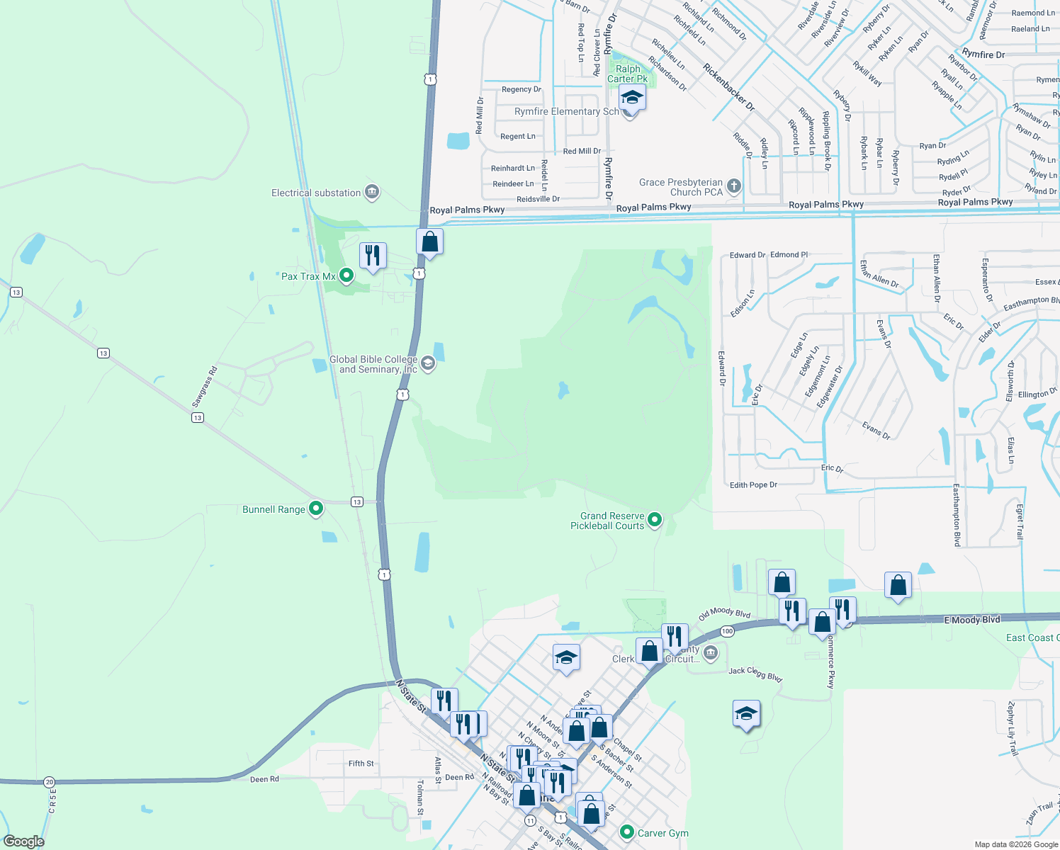 map of restaurants, bars, coffee shops, grocery stores, and more near 122 Fairway Court in Bunnell