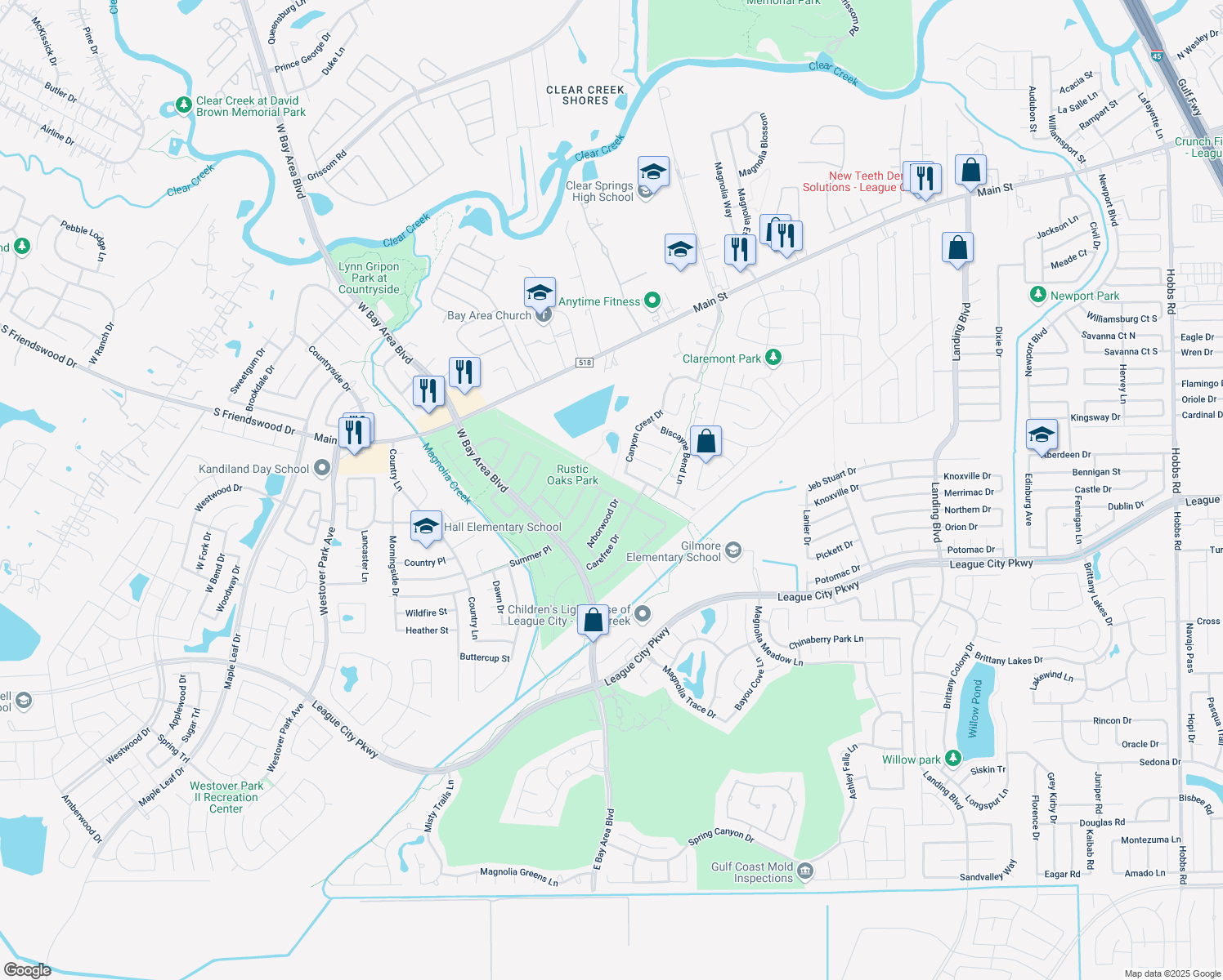 map of restaurants, bars, coffee shops, grocery stores, and more near 1002 Candlewood Drive in League City