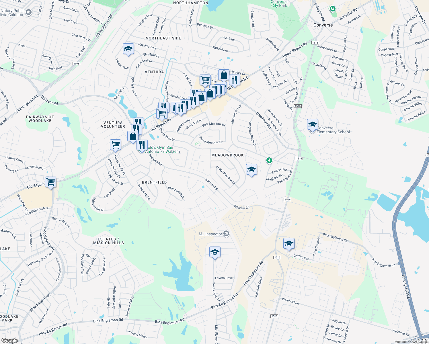 map of restaurants, bars, coffee shops, grocery stores, and more near 8110 Ocean Meadow Drive in Converse