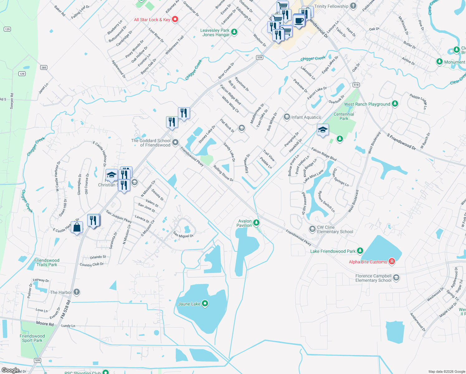 map of restaurants, bars, coffee shops, grocery stores, and more near 2019 Sandy Lake Drive in Friendswood