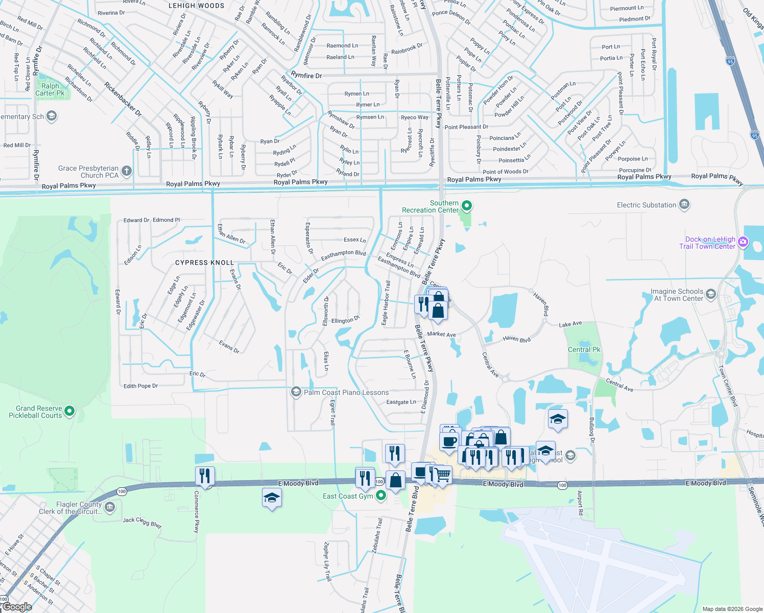 map of restaurants, bars, coffee shops, grocery stores, and more near 63 Eagle Harbor Trail in Palm Coast