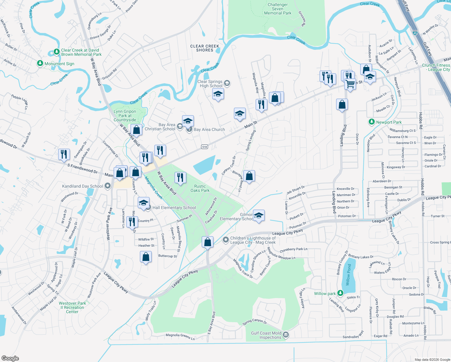 map of restaurants, bars, coffee shops, grocery stores, and more near 4516 Avery Hollow Ct in League City