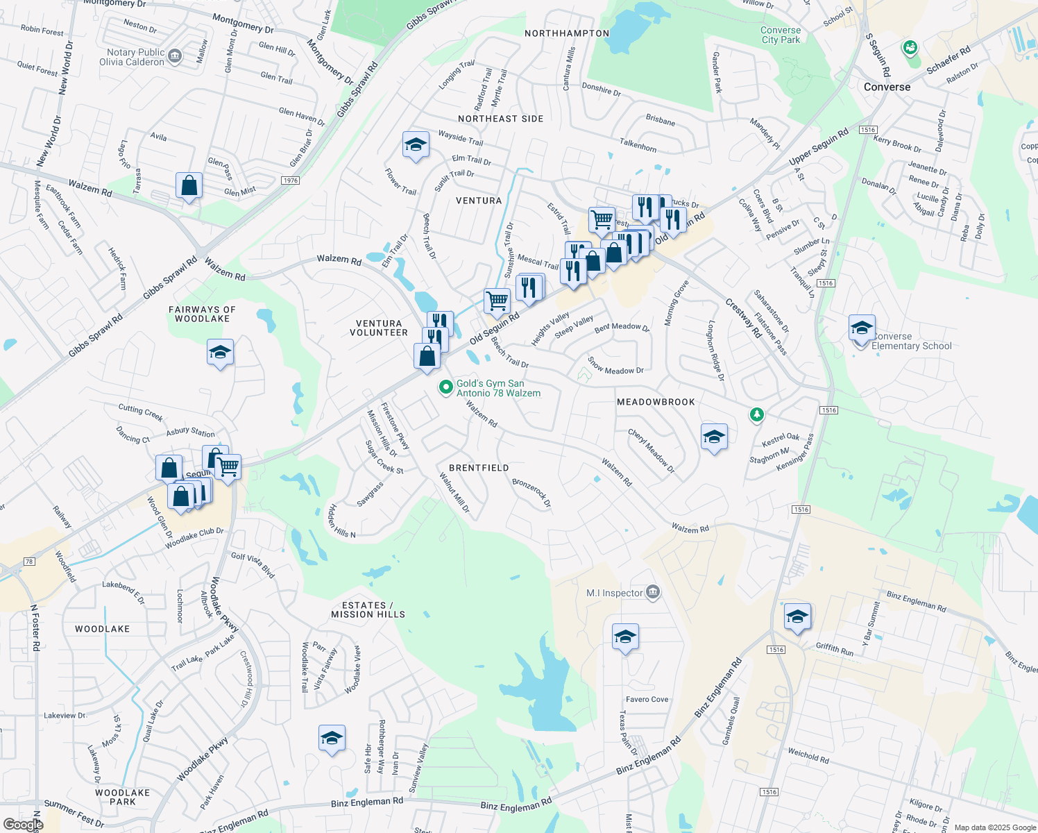 map of restaurants, bars, coffee shops, grocery stores, and more near 8046 Chestnut Ash Drive in Converse