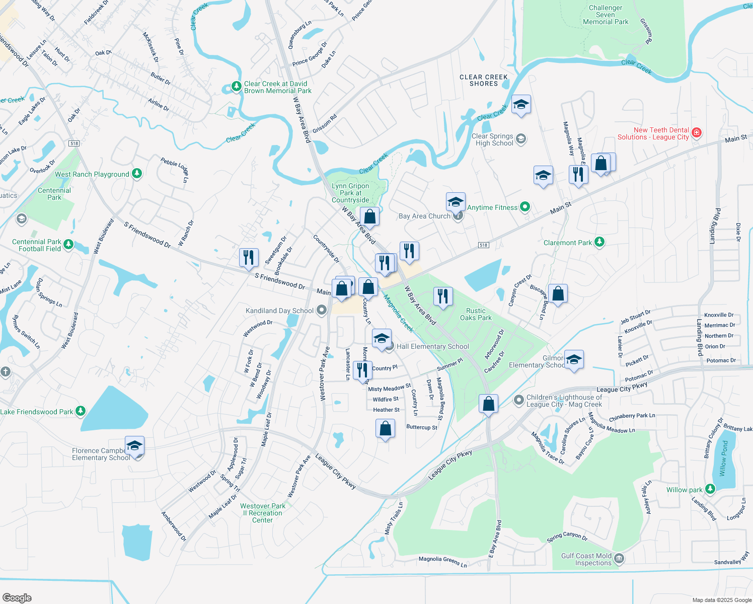 map of restaurants, bars, coffee shops, grocery stores, and more near 5683 Country Glen Street in League City
