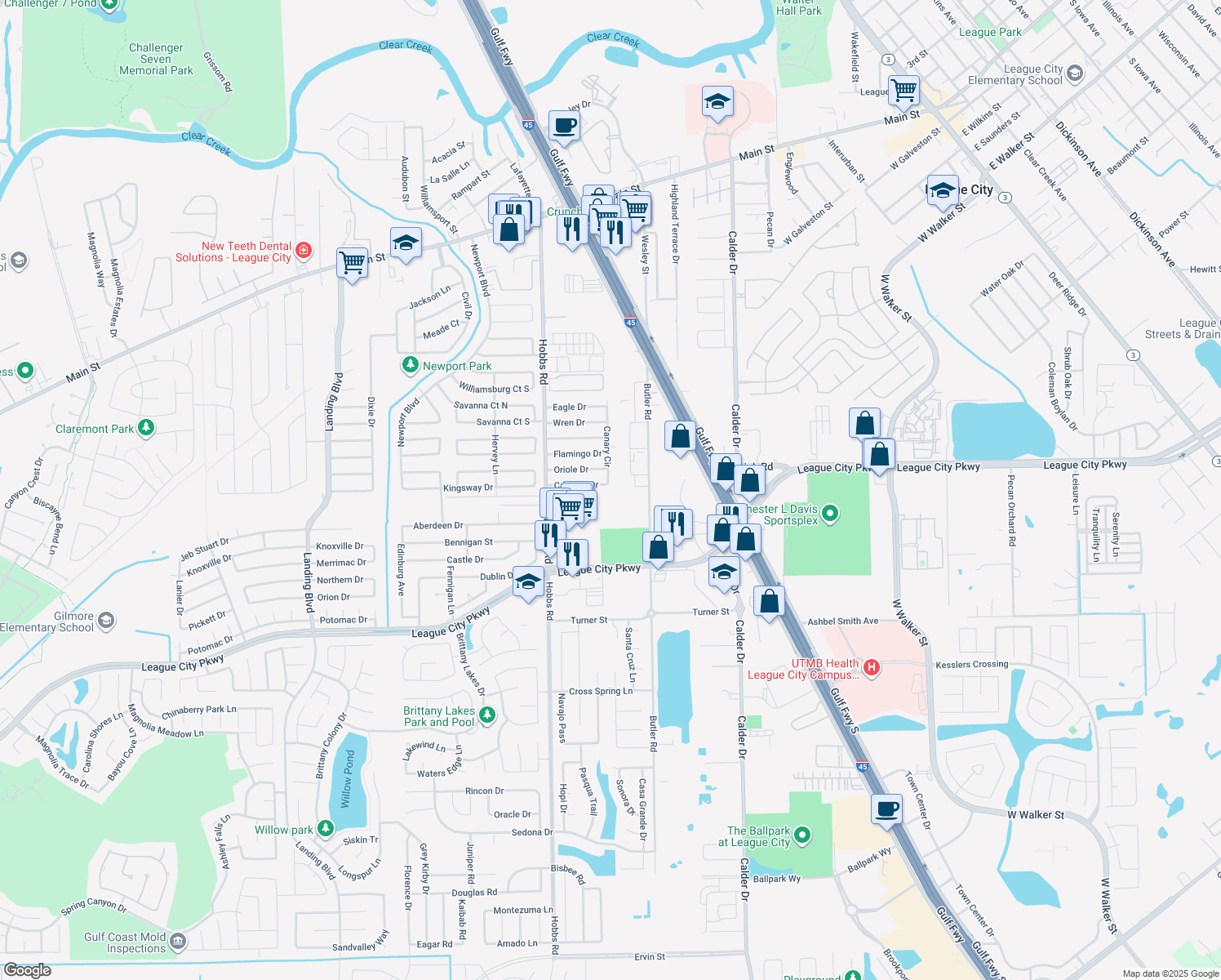 map of restaurants, bars, coffee shops, grocery stores, and more near 1727 Canary Circle in League City