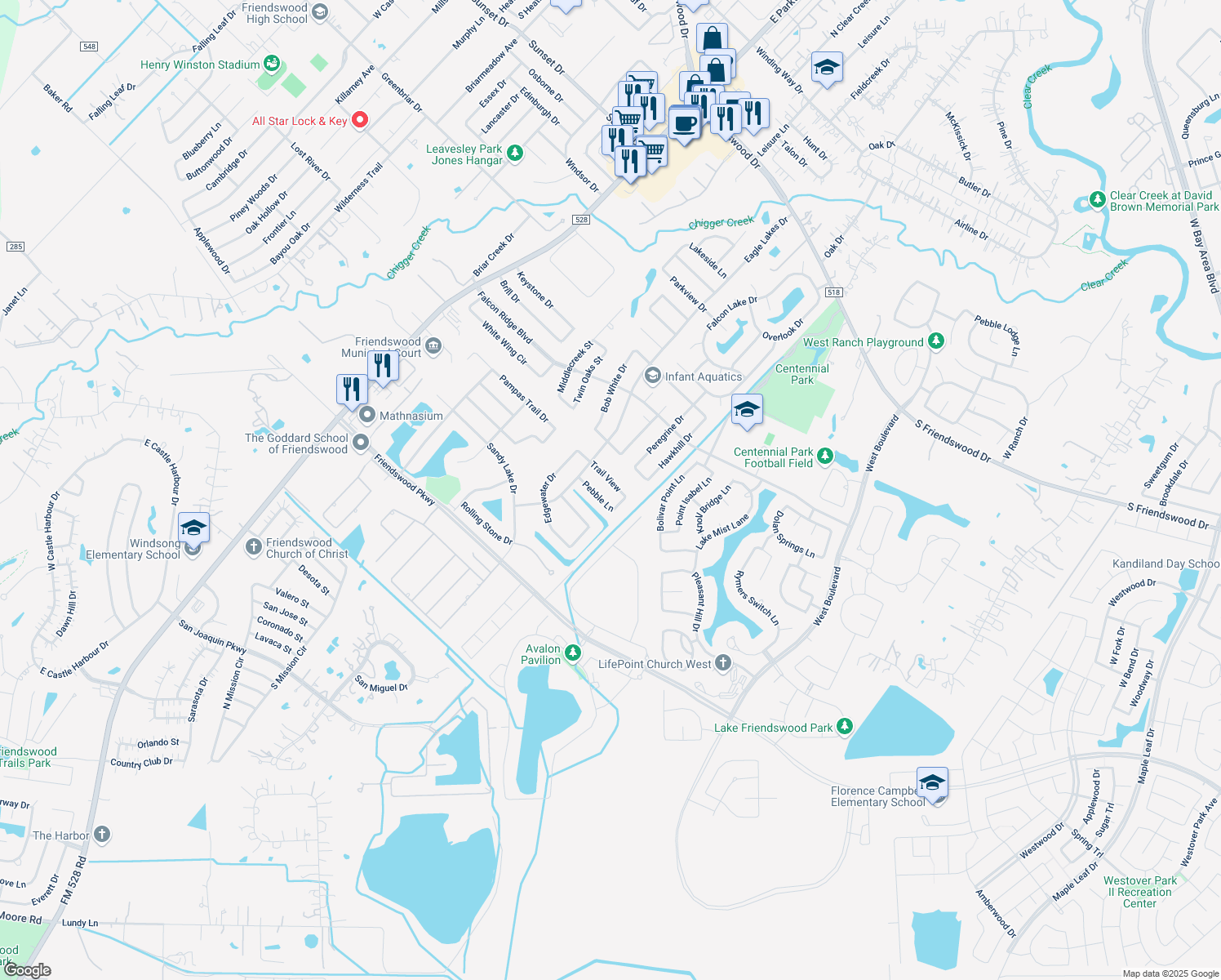 map of restaurants, bars, coffee shops, grocery stores, and more near 2002 Trail View in Friendswood