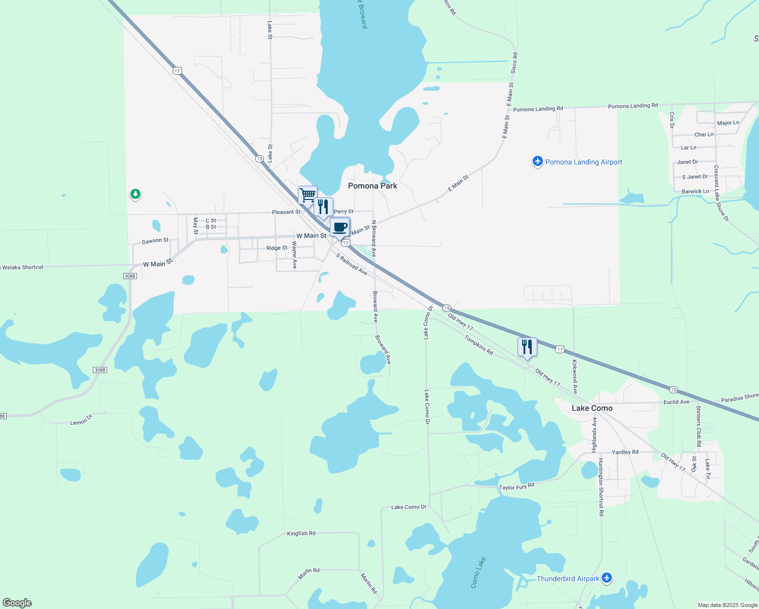 map of restaurants, bars, coffee shops, grocery stores, and more near 126 South Broward Avenue in Pomona Park