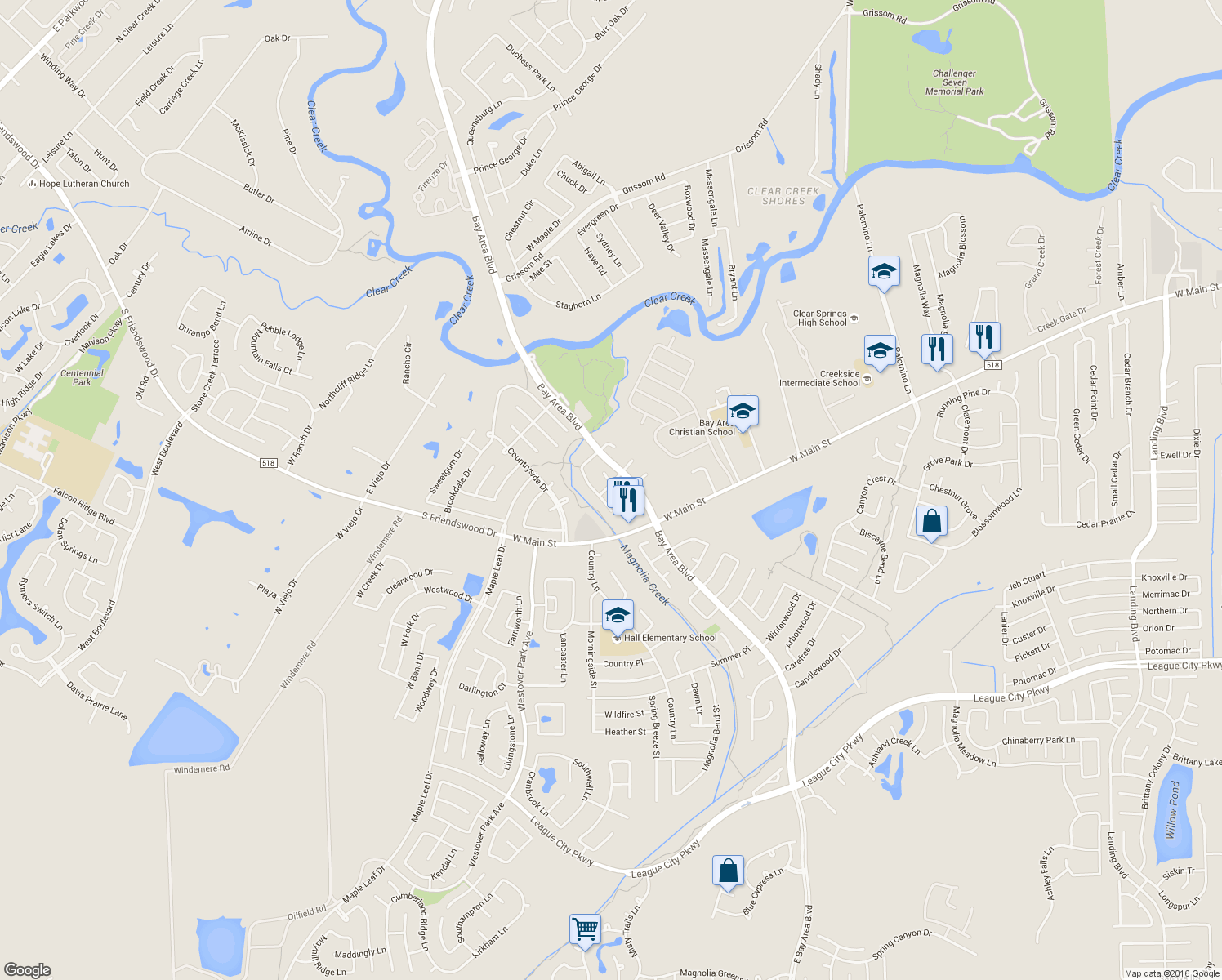 map of restaurants, bars, coffee shops, grocery stores, and more near 109 Misty Brook Lane in League City