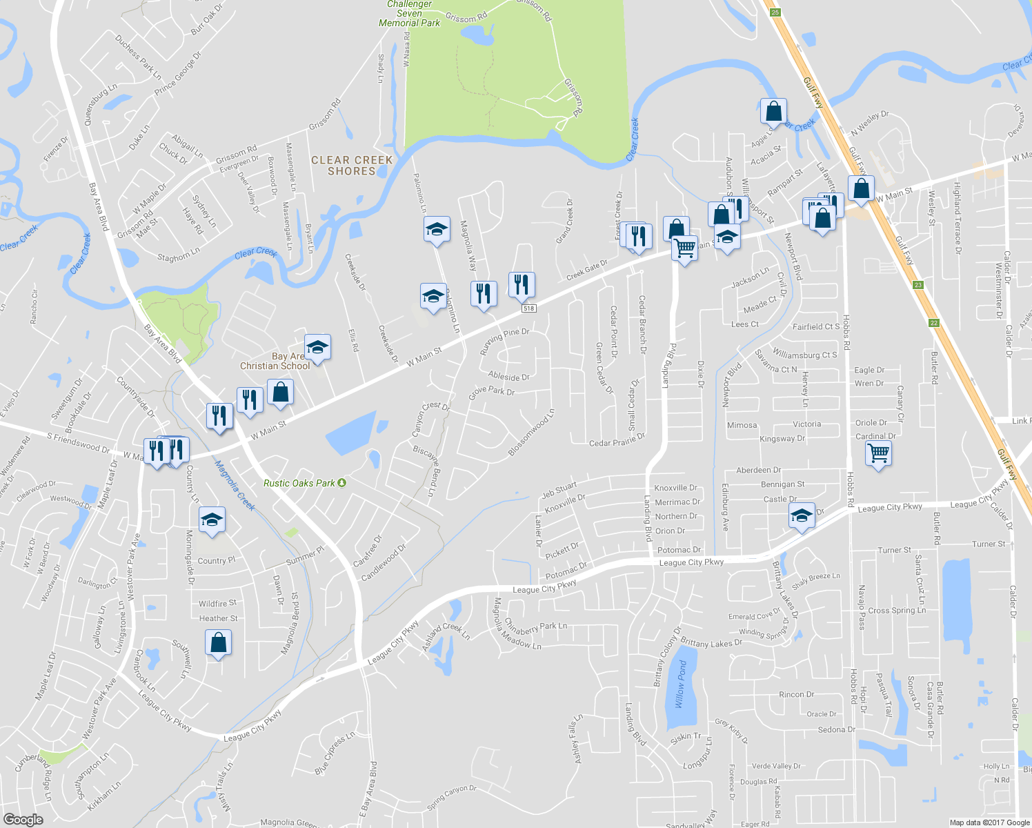 map of restaurants, bars, coffee shops, grocery stores, and more near 408 Gastonbury Court in League City