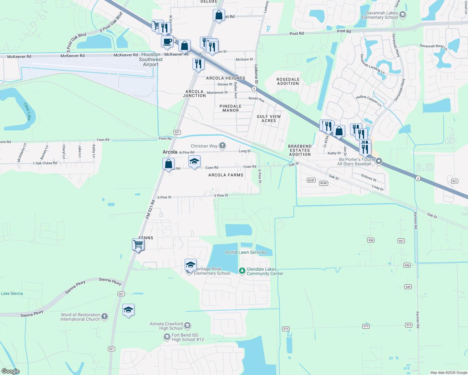 map of restaurants, bars, coffee shops, grocery stores, and more near 701 South Pine Street in Rosharon