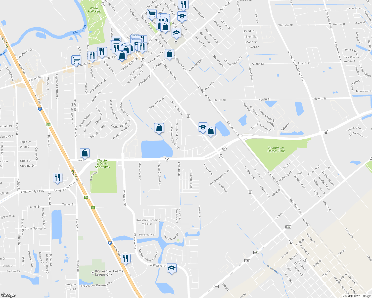 map of restaurants, bars, coffee shops, grocery stores, and more near 1402 Coleman Boylan Dr in League City