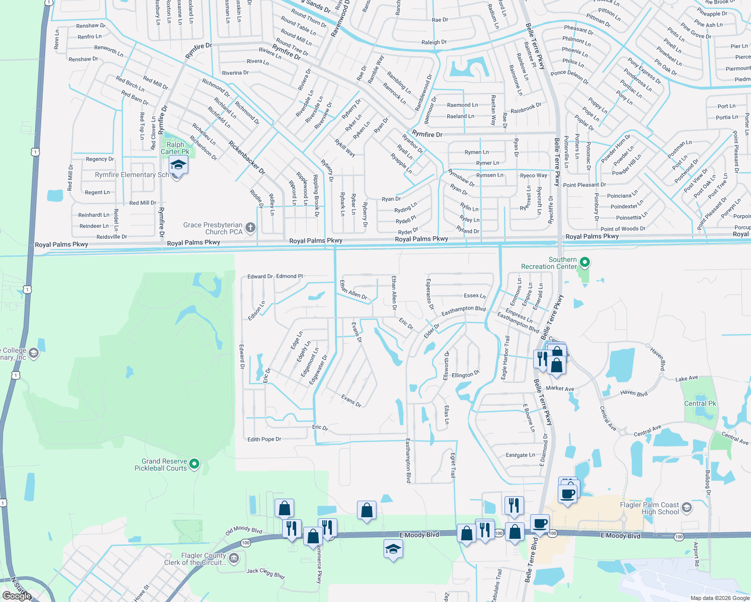 map of restaurants, bars, coffee shops, grocery stores, and more near 89 Ethan Allen Dr in Palm Coast