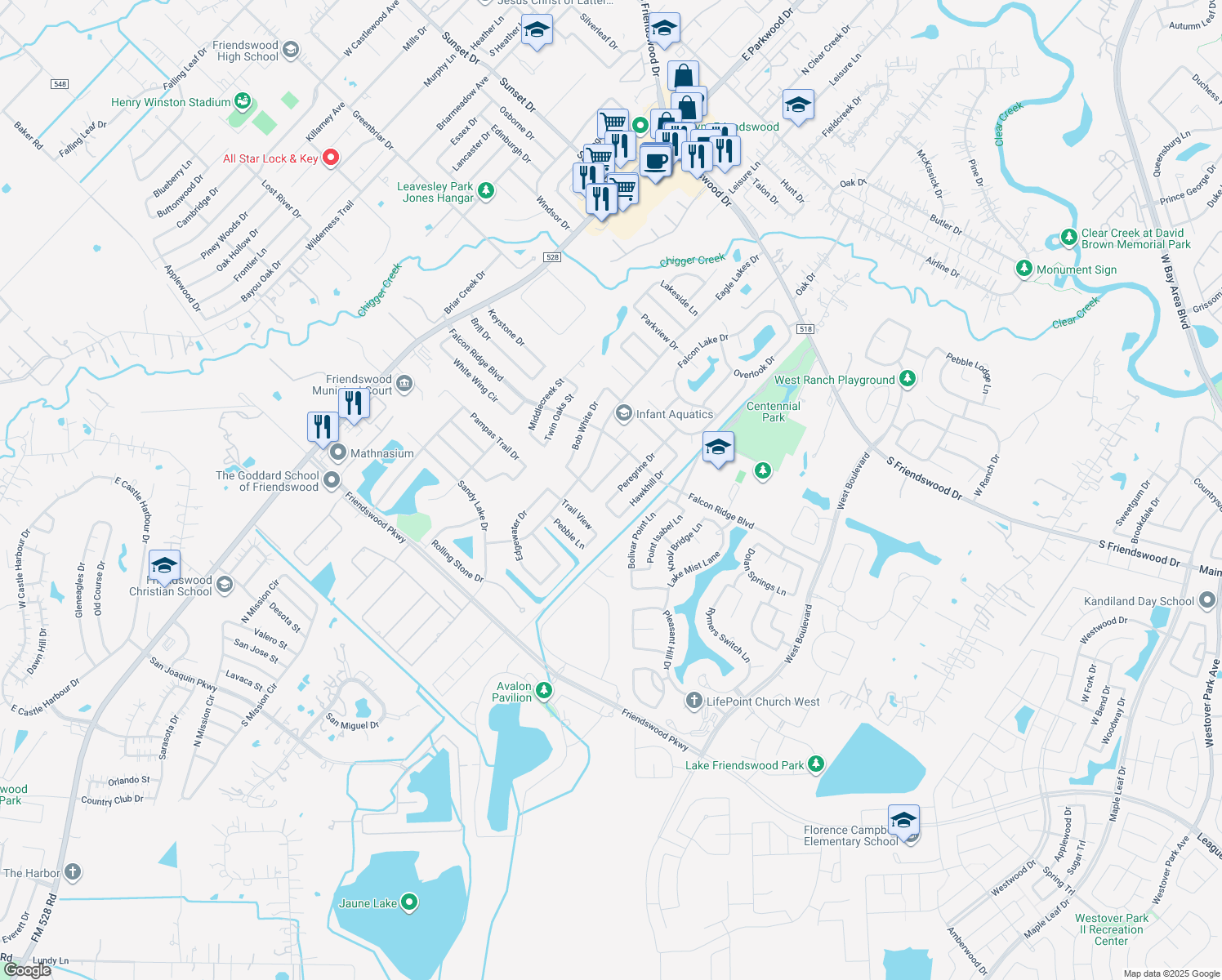 map of restaurants, bars, coffee shops, grocery stores, and more near 1214 Peregrine Dr in Friendswood