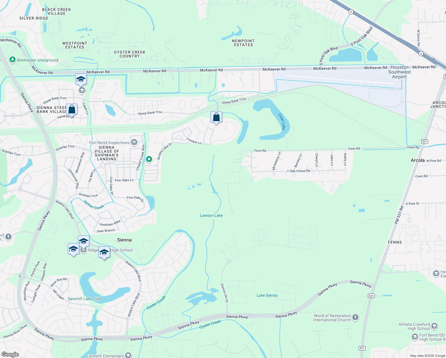 map of restaurants, bars, coffee shops, grocery stores, and more near 6111 Broussard Lane in Rosharon