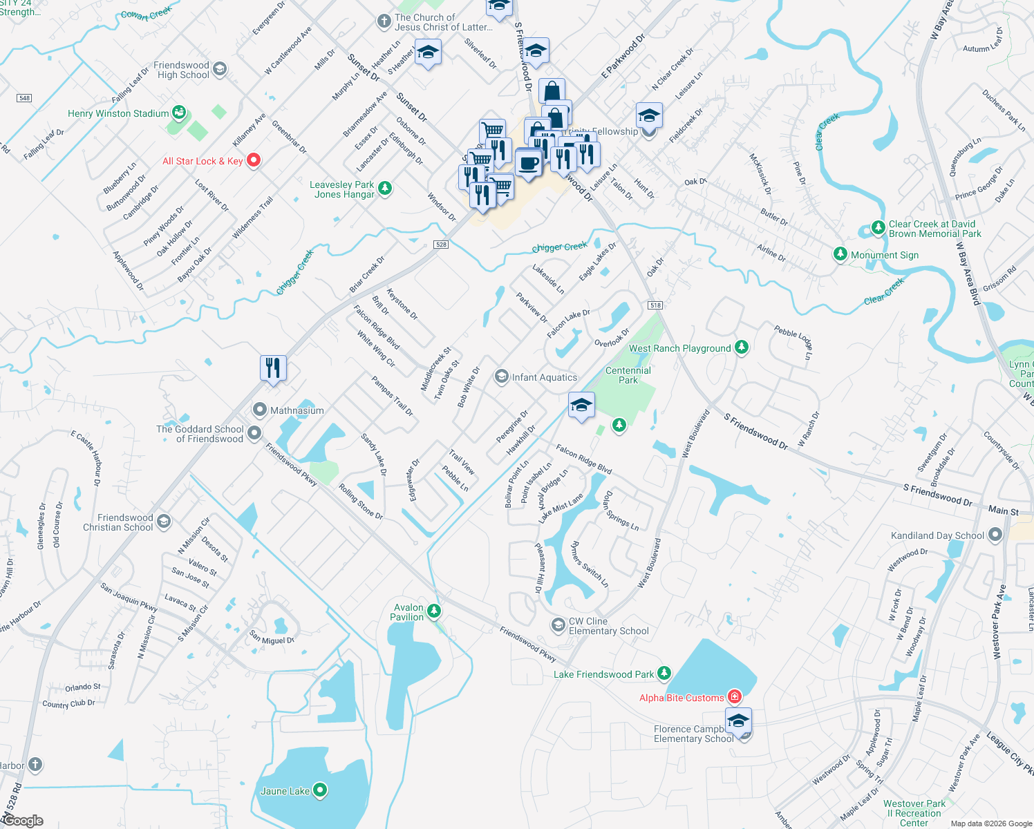 map of restaurants, bars, coffee shops, grocery stores, and more near 1110 Peregrine Dr in Friendswood