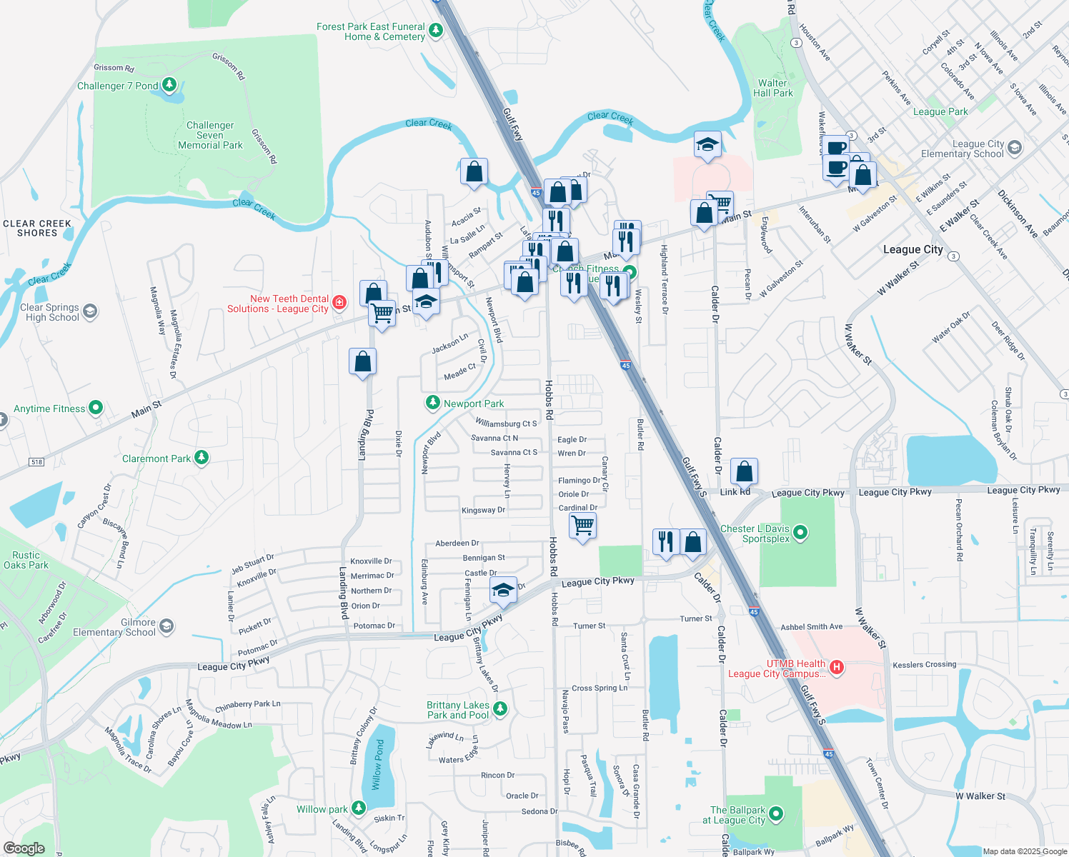 map of restaurants, bars, coffee shops, grocery stores, and more near 2003 Williamsburg Court South in League City