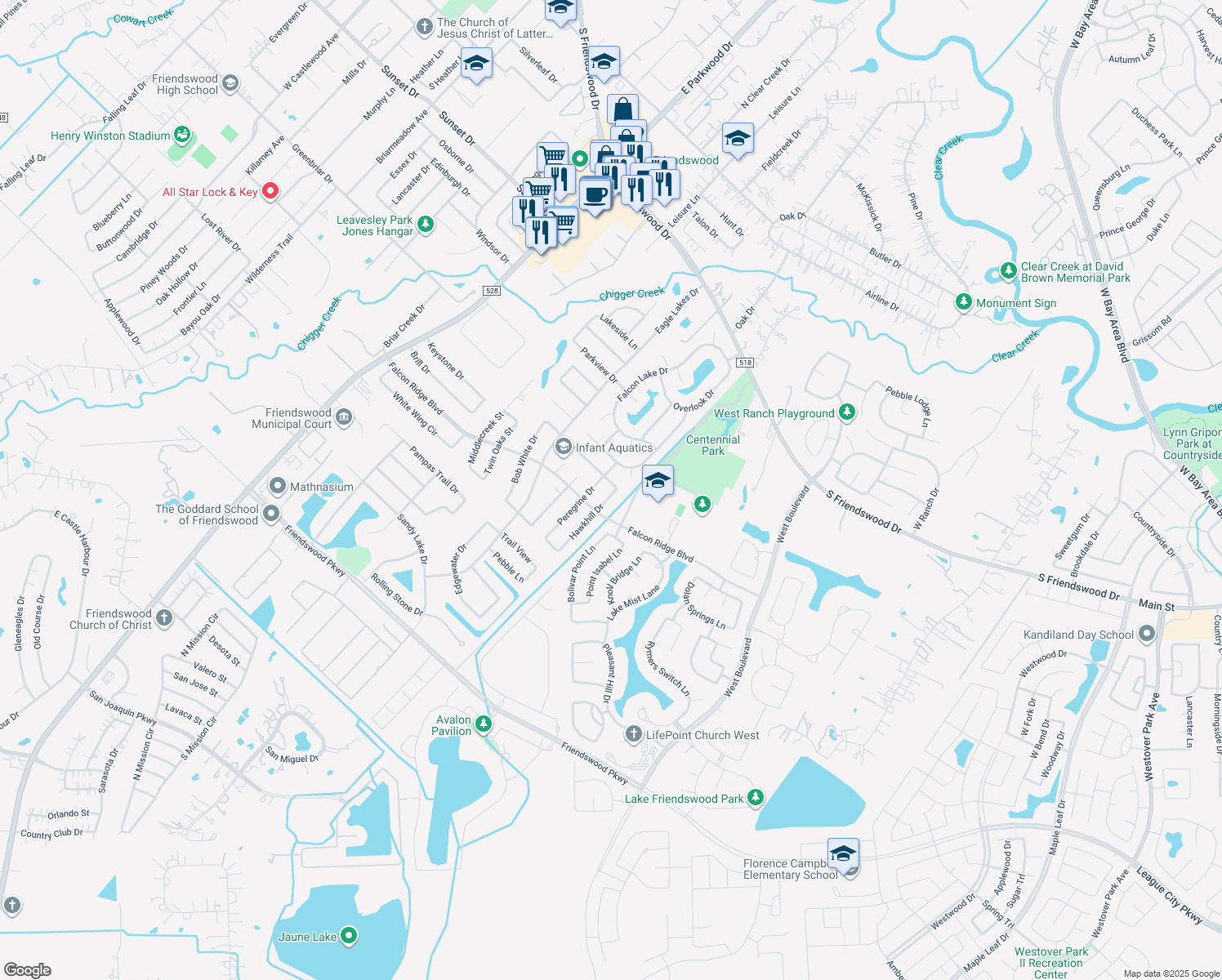 map of restaurants, bars, coffee shops, grocery stores, and more near 1102 Hawkhill Dr in Friendswood