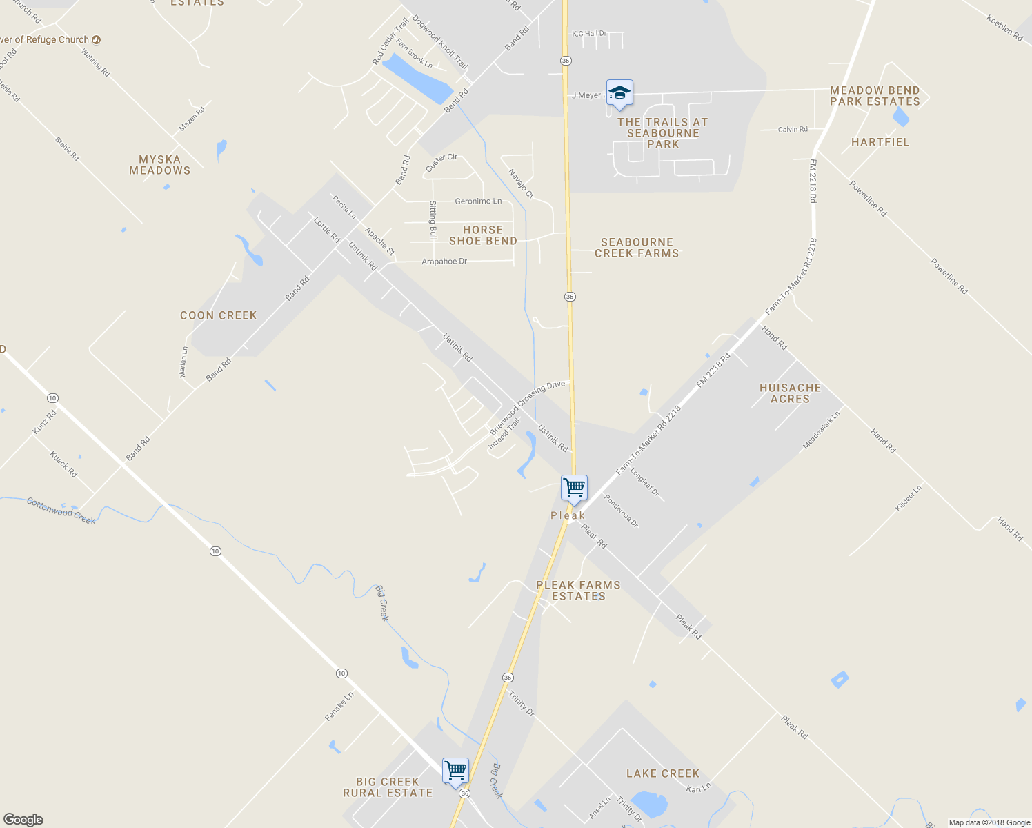 map of restaurants, bars, coffee shops, grocery stores, and more near 2706 Intrepid Trail in Rosenberg