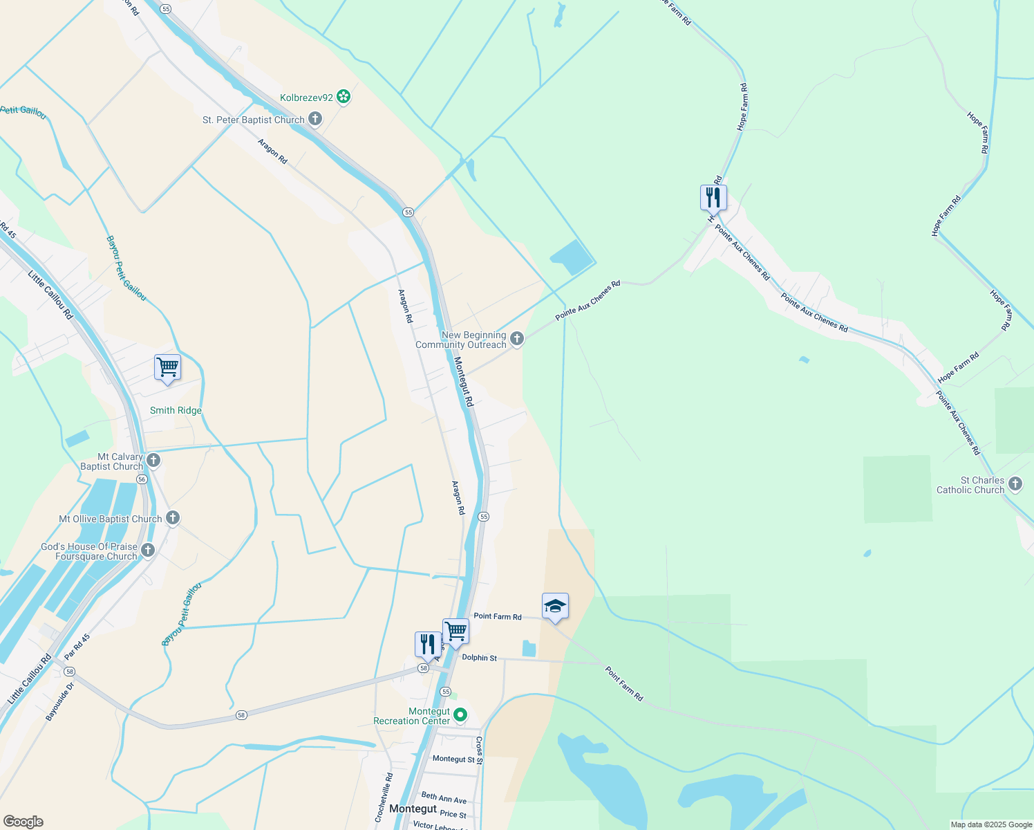 map of restaurants, bars, coffee shops, grocery stores, and more near 121 Boudreaux St in Montegut