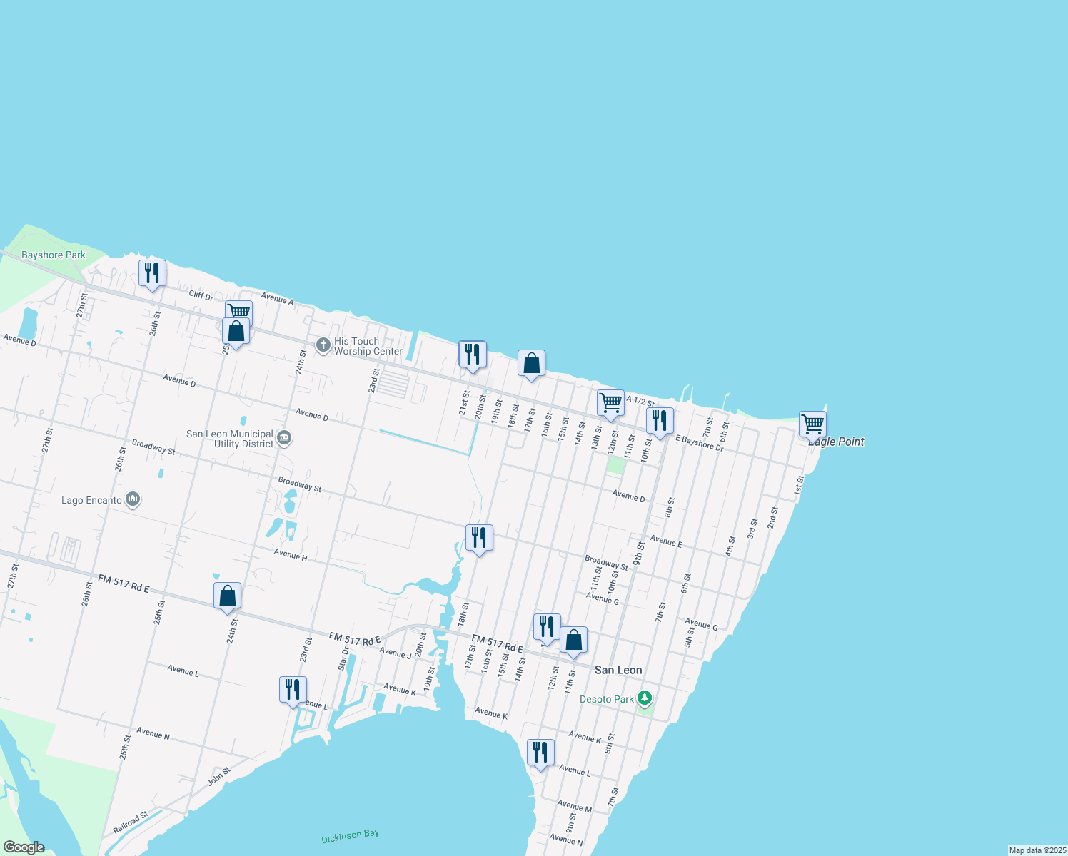 map of restaurants, bars, coffee shops, grocery stores, and more near 241 17th Street in San Leon