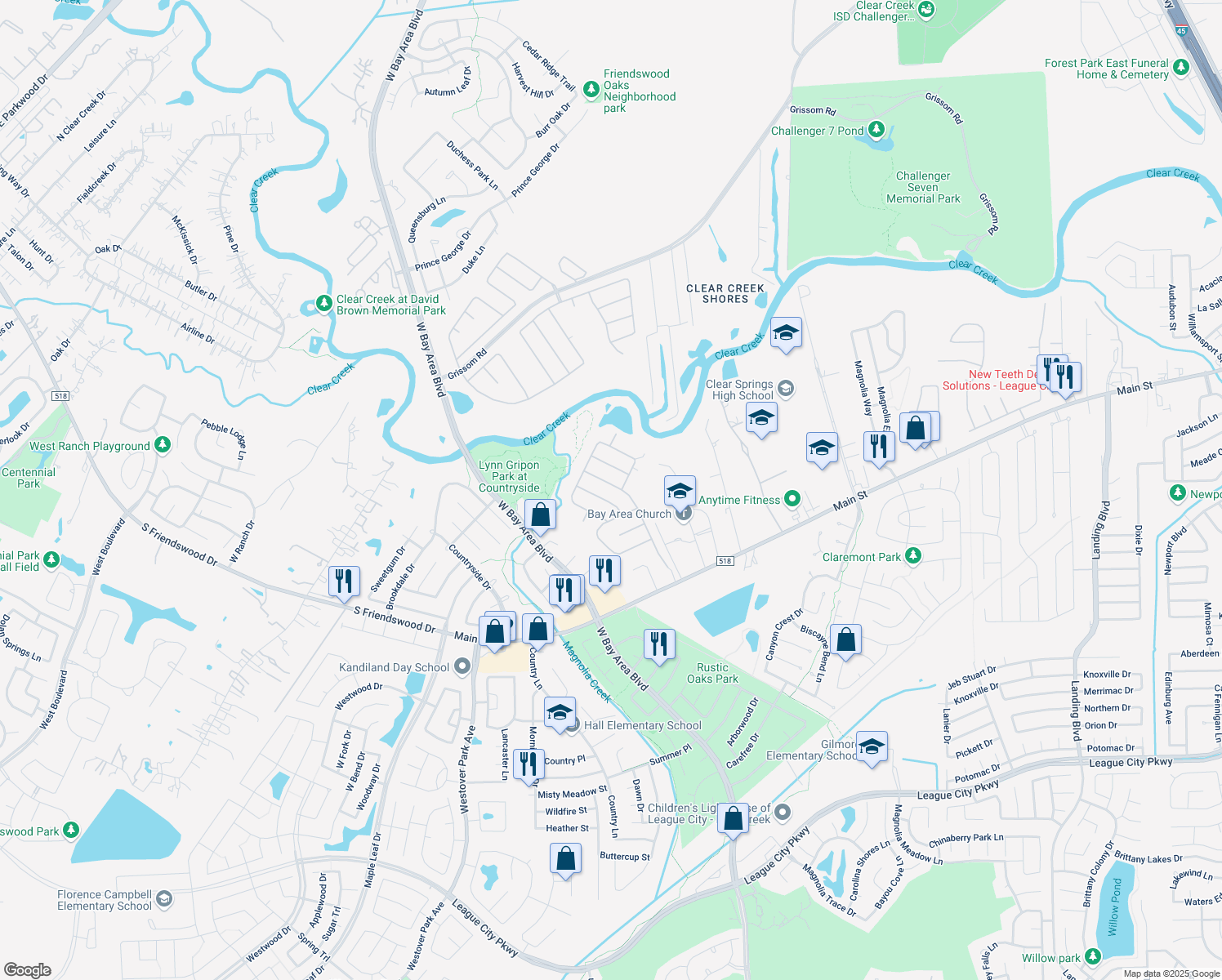 map of restaurants, bars, coffee shops, grocery stores, and more near 305 Oak Creek Drive in League City