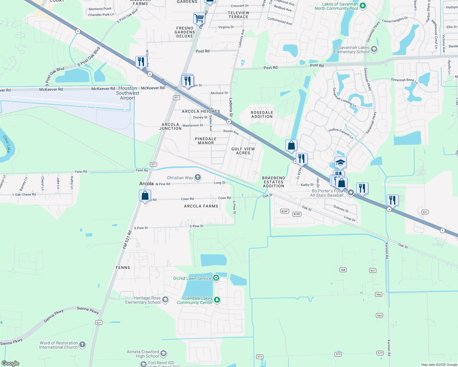 map of restaurants, bars, coffee shops, grocery stores, and more near 827 Coen Road in Rosharon