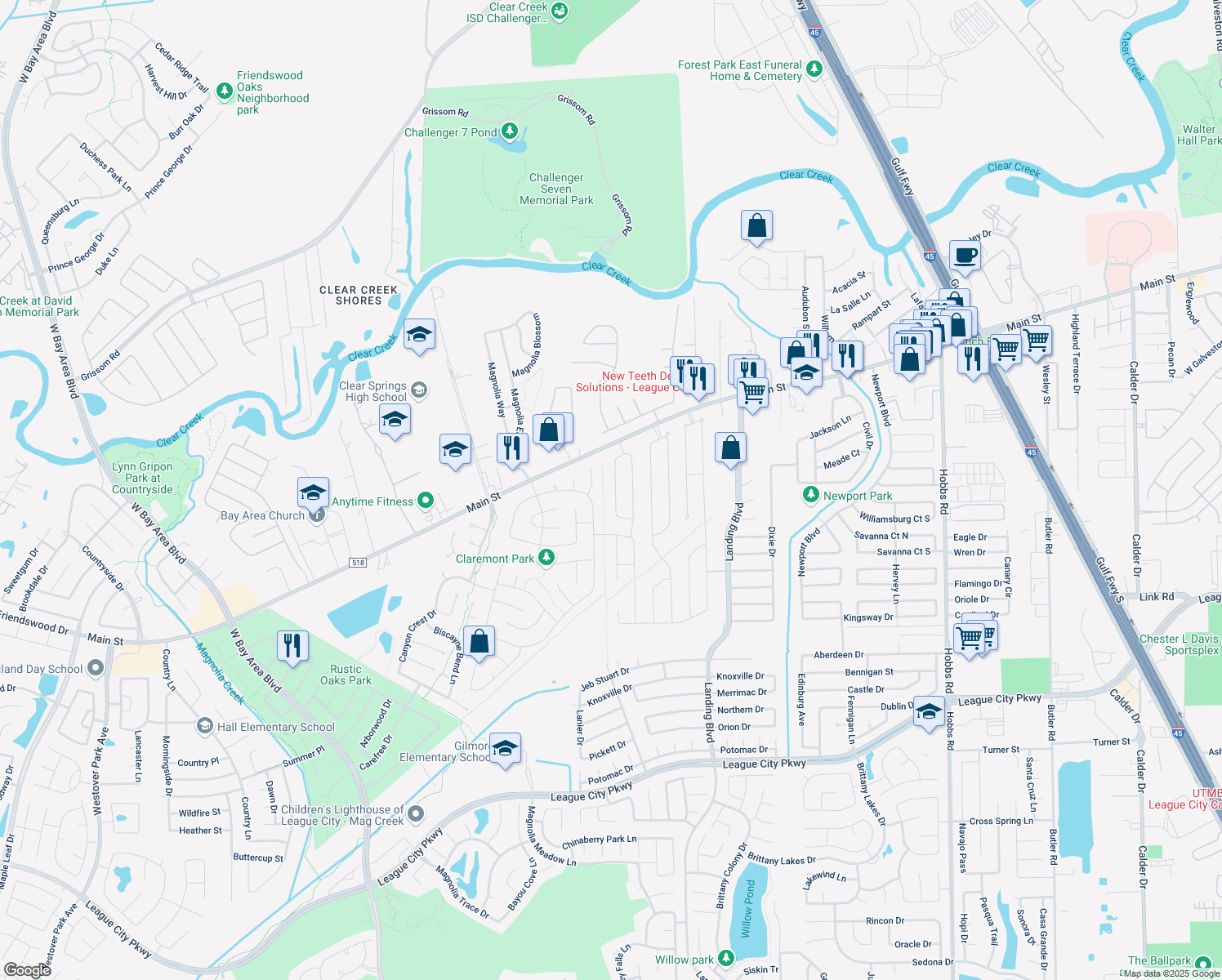 map of restaurants, bars, coffee shops, grocery stores, and more near 205 Meadow Gate Drive in League City