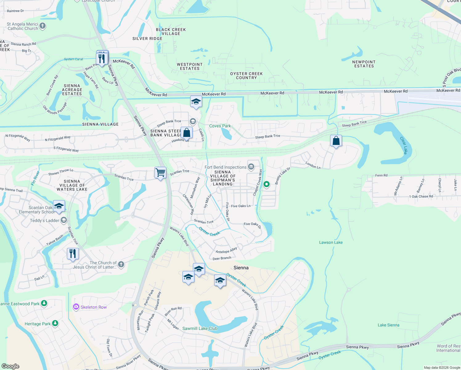 map of restaurants, bars, coffee shops, grocery stores, and more near 10223 Shipmans Landing Dr in Missouri City
