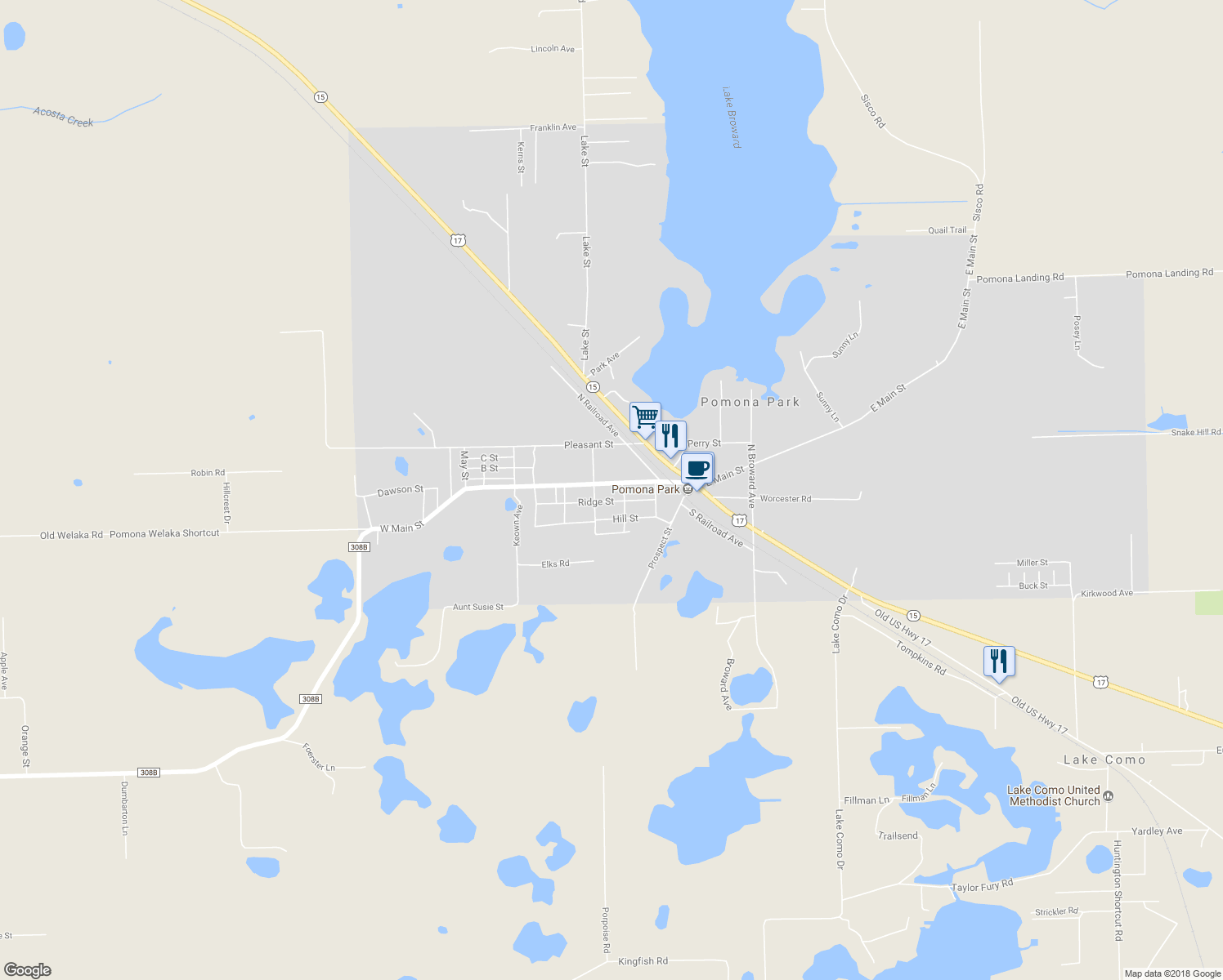 map of restaurants, bars, coffee shops, grocery stores, and more near 229 West Main Street in Pomona Park