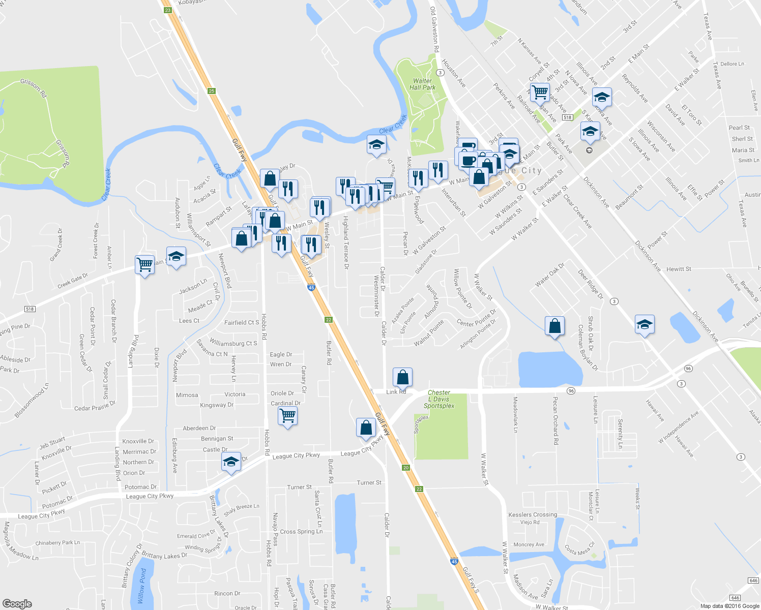 map of restaurants, bars, coffee shops, grocery stores, and more near 508 Westminster Dr in League City