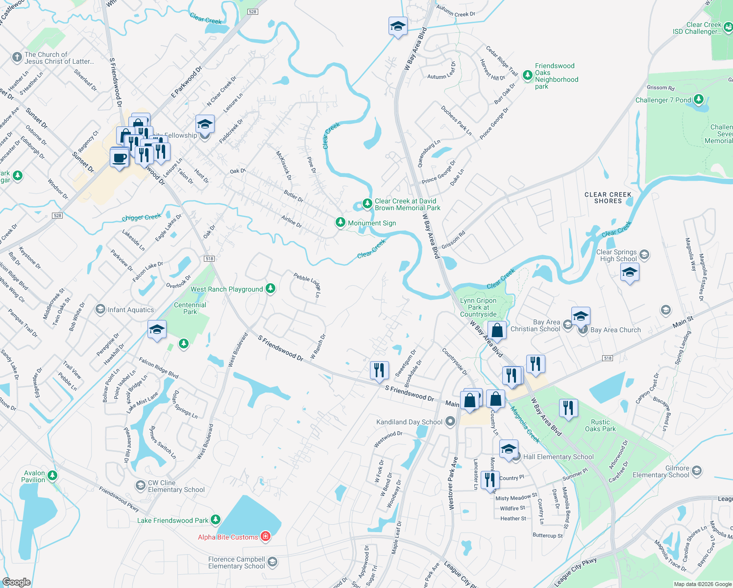 map of restaurants, bars, coffee shops, grocery stores, and more near 320 Northcliff Ridge Lane in Friendswood