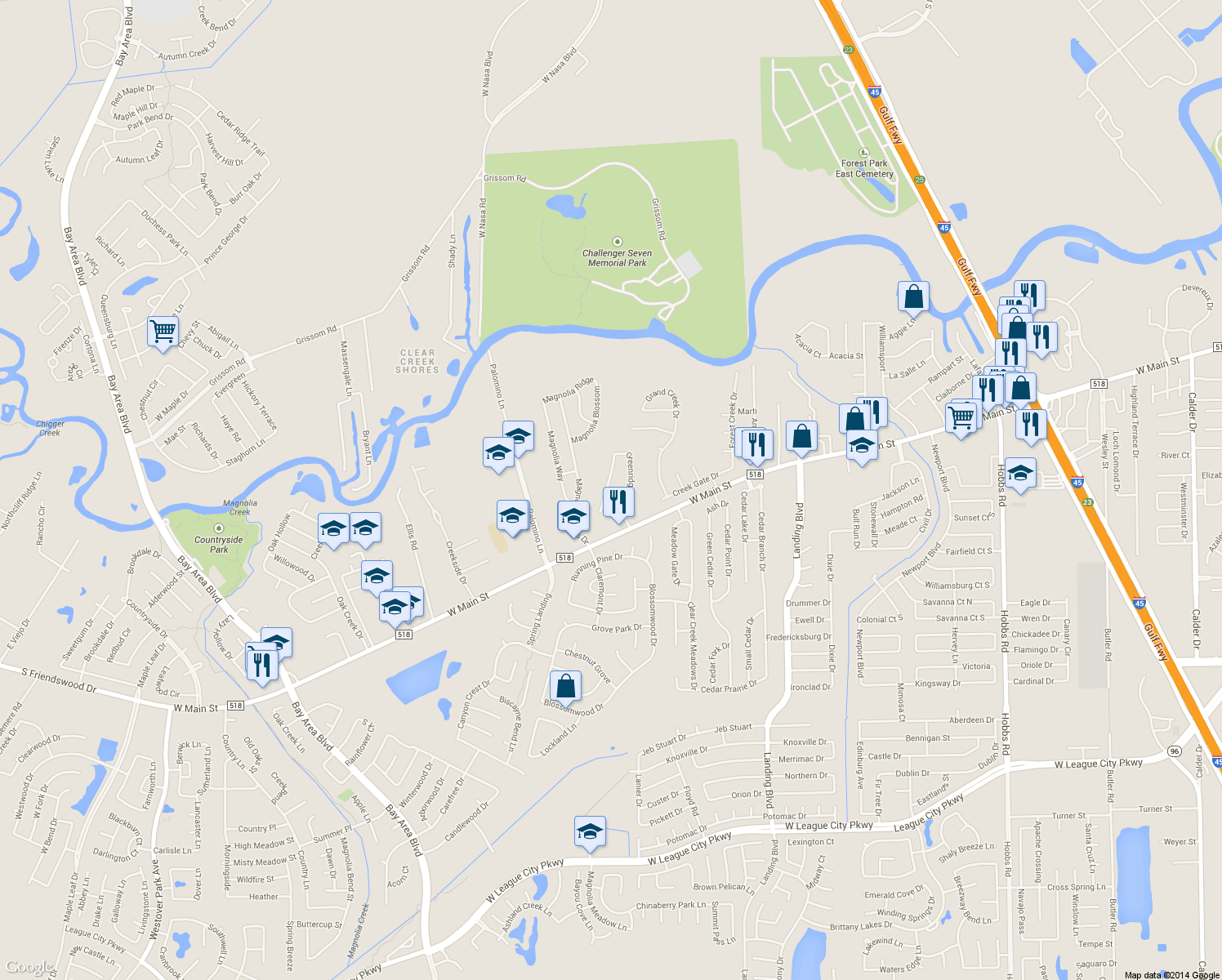 map of restaurants, bars, coffee shops, grocery stores, and more near 164 Greenridge Circle in League City