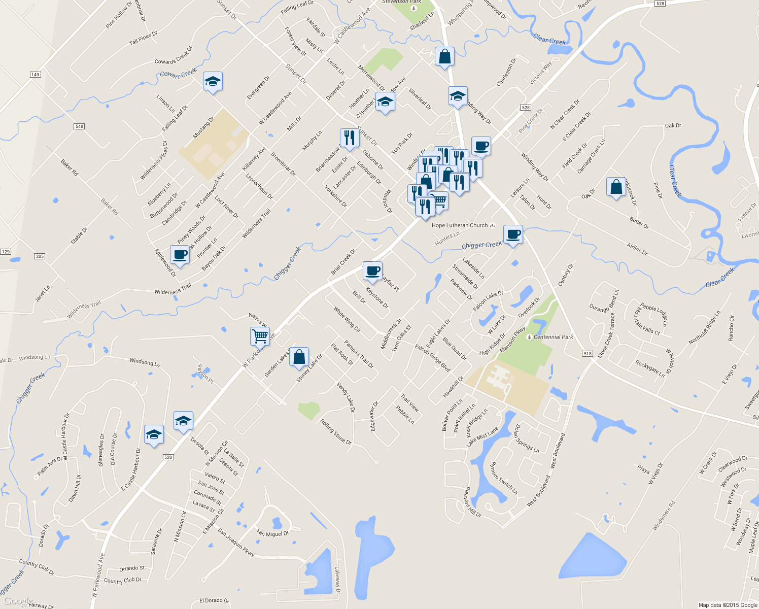 map of restaurants, bars, coffee shops, grocery stores, and more near 1706 Keystone Dr in Friendswood