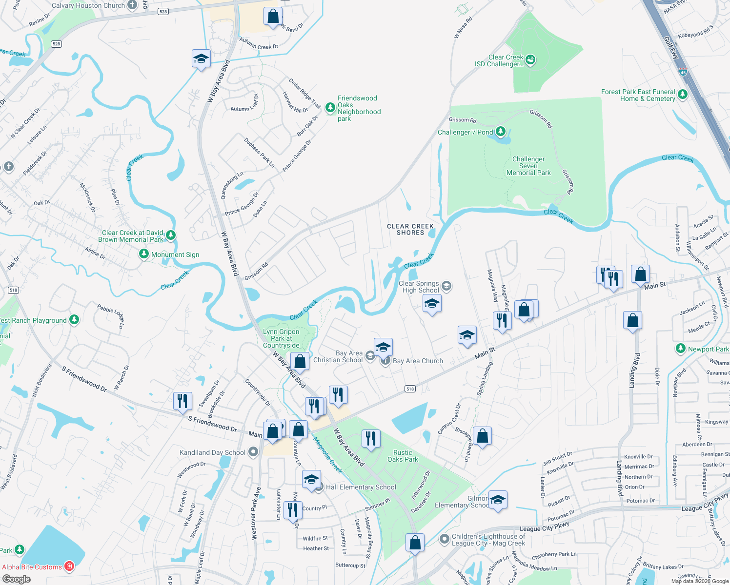 map of restaurants, bars, coffee shops, grocery stores, and more near 3100 Massengale Lane in Webster