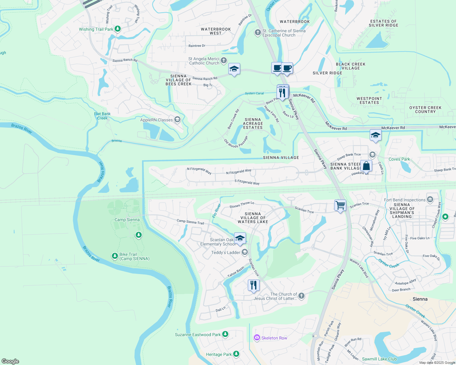 map of restaurants, bars, coffee shops, grocery stores, and more near 3711 Clark Manor in Missouri City