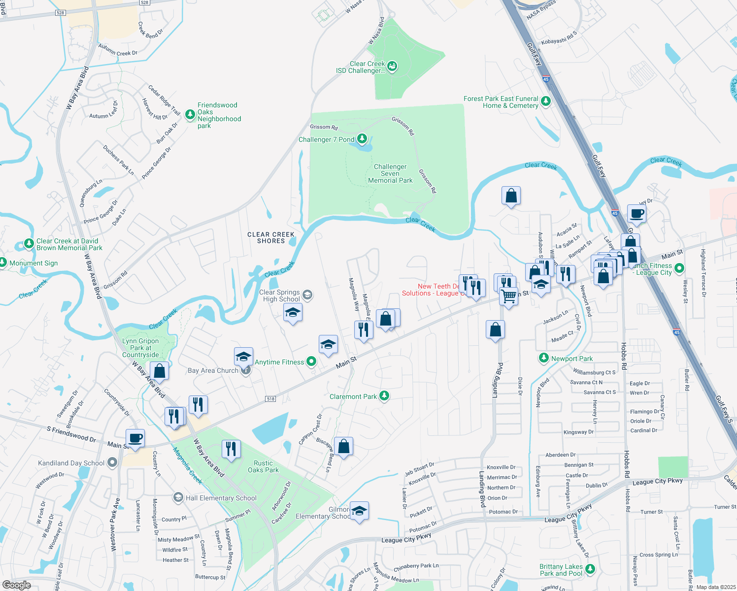 map of restaurants, bars, coffee shops, grocery stores, and more near 312 Magnolia Estates Drive in League City