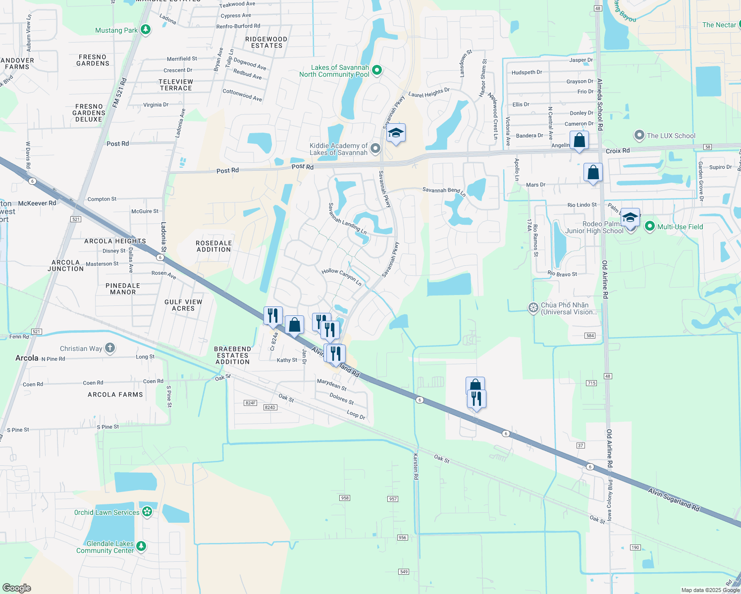 map of restaurants, bars, coffee shops, grocery stores, and more near 5708 Montclair Hill Lane in Rosharon