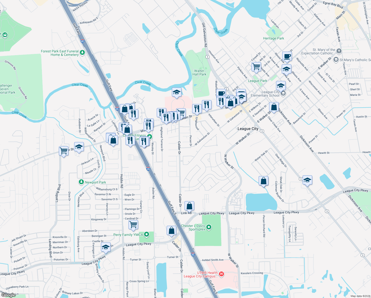 map of restaurants, bars, coffee shops, grocery stores, and more near 1009 Pecan Drive in League City