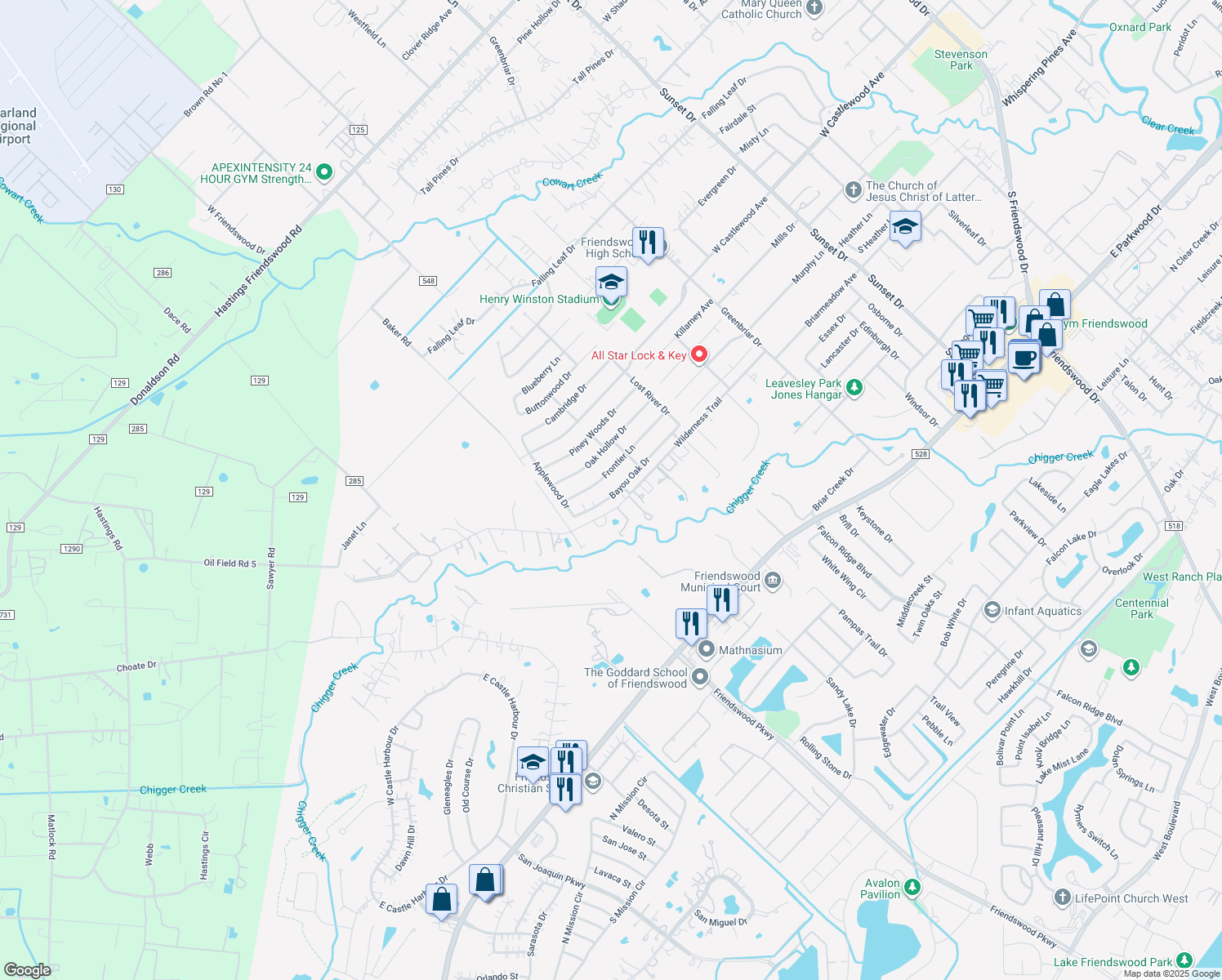 map of restaurants, bars, coffee shops, grocery stores, and more near 1409 Bayou Oak Drive in Friendswood